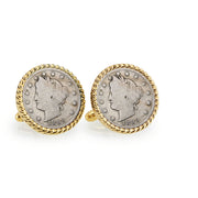 1800's Liberty Nickel Goldtone Rope Bezel Coin Cuff Links