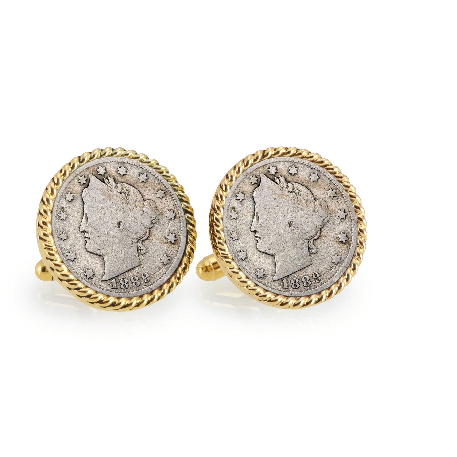 1800's Liberty Nickel Goldtone Rope Bezel Coin Cuff Links