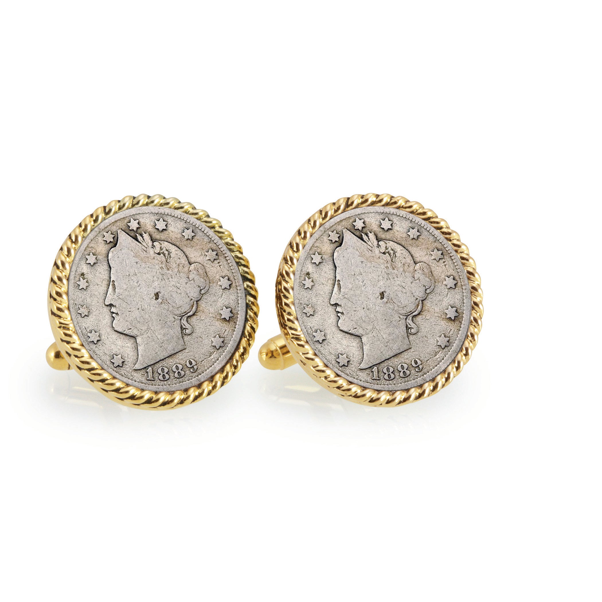 1800's Liberty Nickel Goldtone Rope Bezel Coin Cuff Links