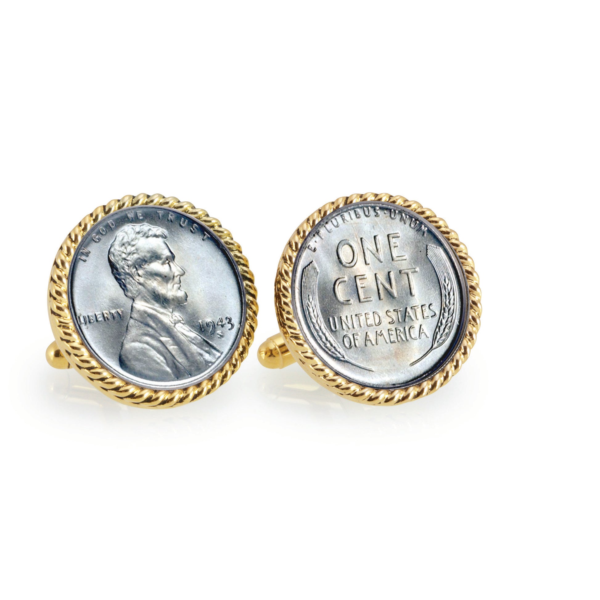 1943 Lincoln Steel Penny Goldtone Rope Bezel Coin Cuff Links