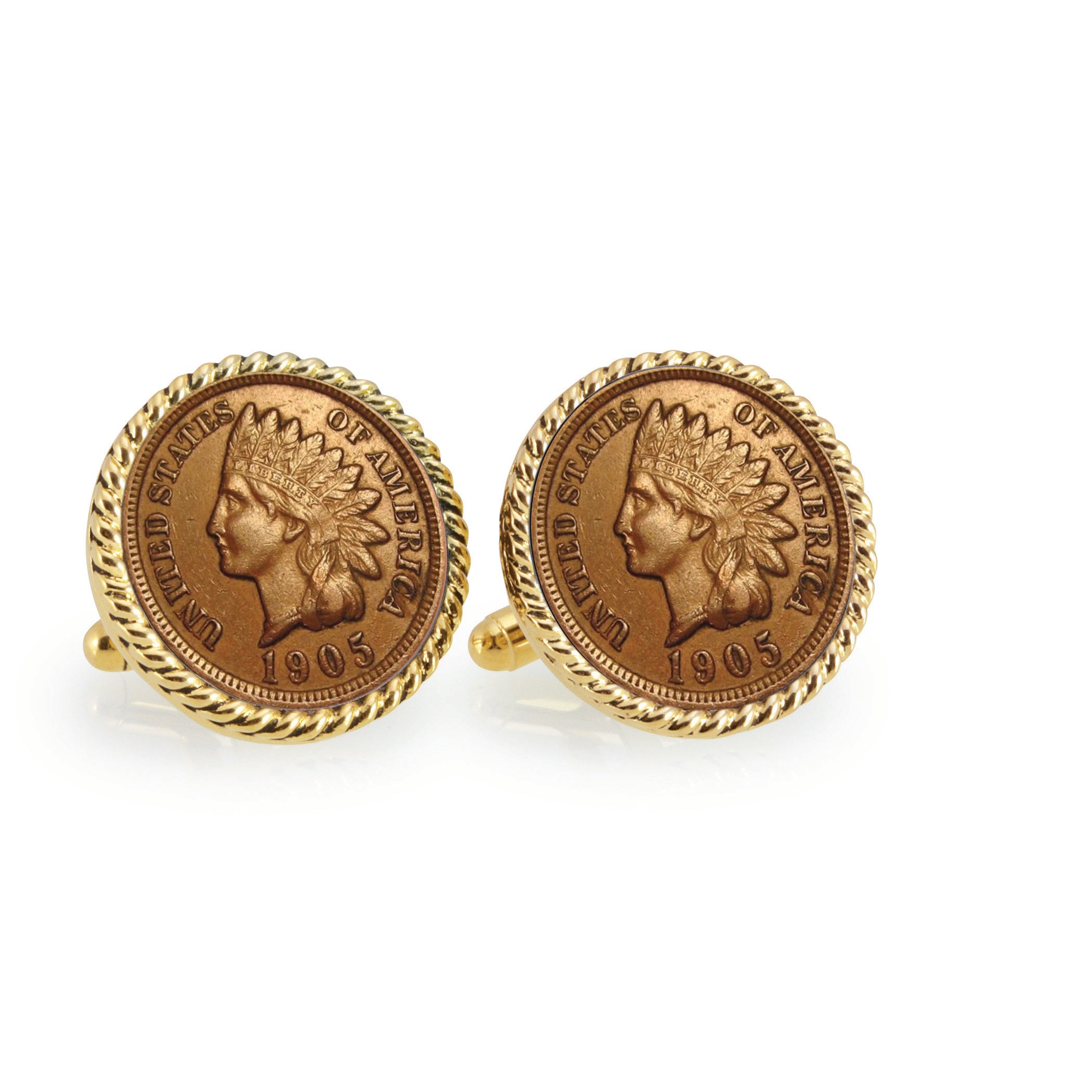 Indian Head Penny Goldtone Rope Bezel Coin Cuff Links
