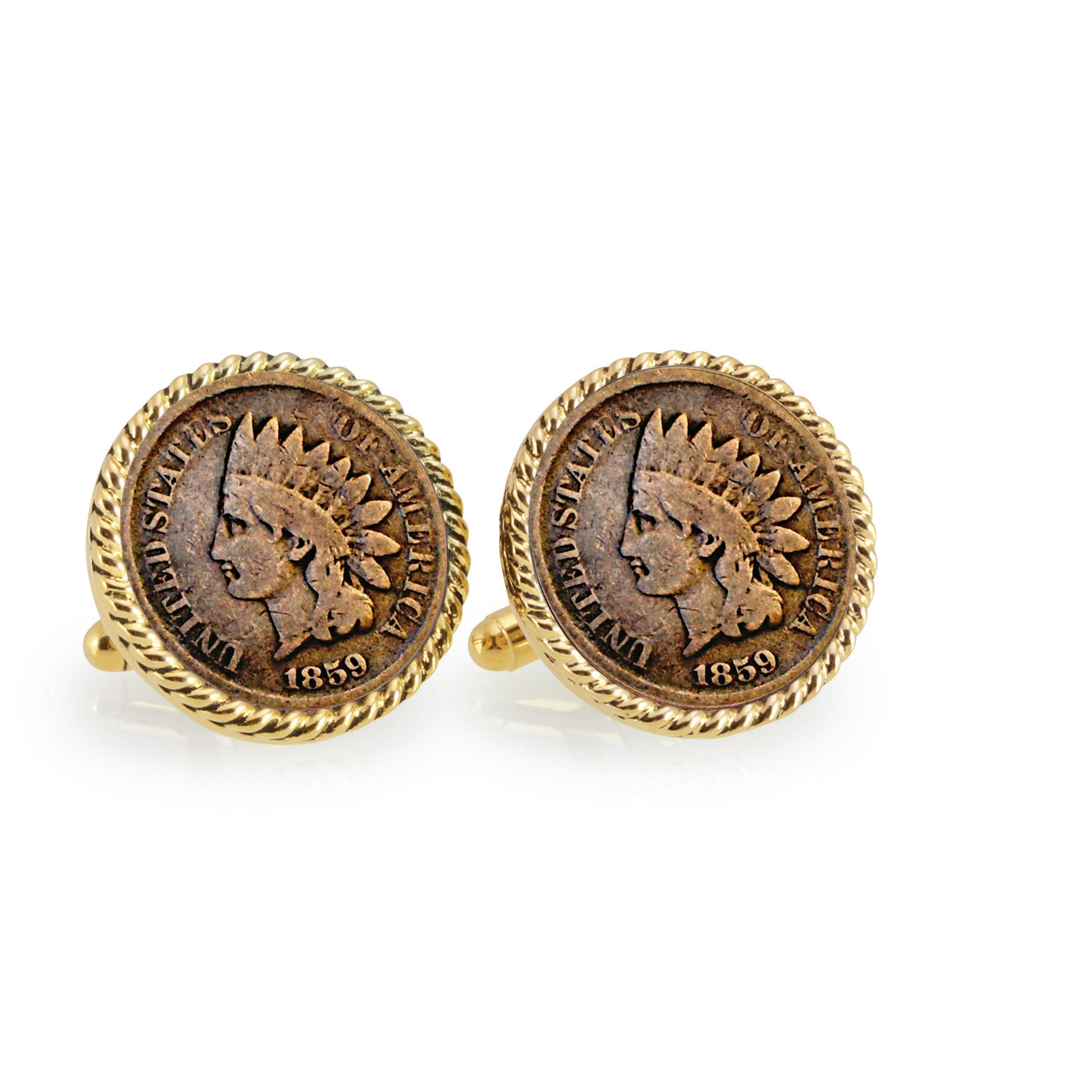 1859 First-Year-of-Issue Indian Head Penny Goldtone Rope Bezel Coin Cuff Links