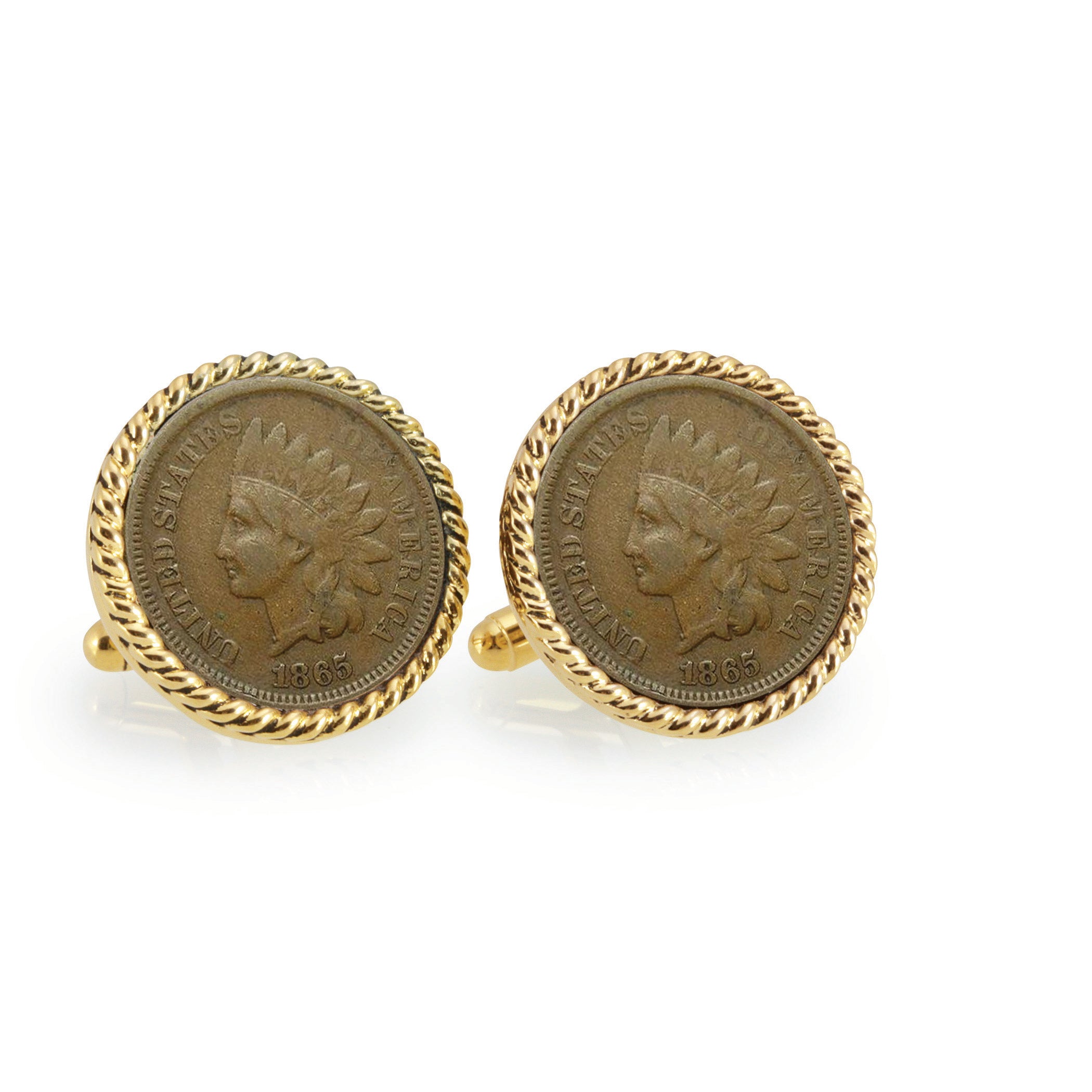 Civil War Indian Head Penny Goldtone Rope Bezel Coin Cuff Links