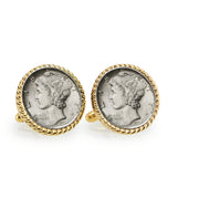 Silver Mercury Dime Goldtone Rope Bezel Coin Cuff Links