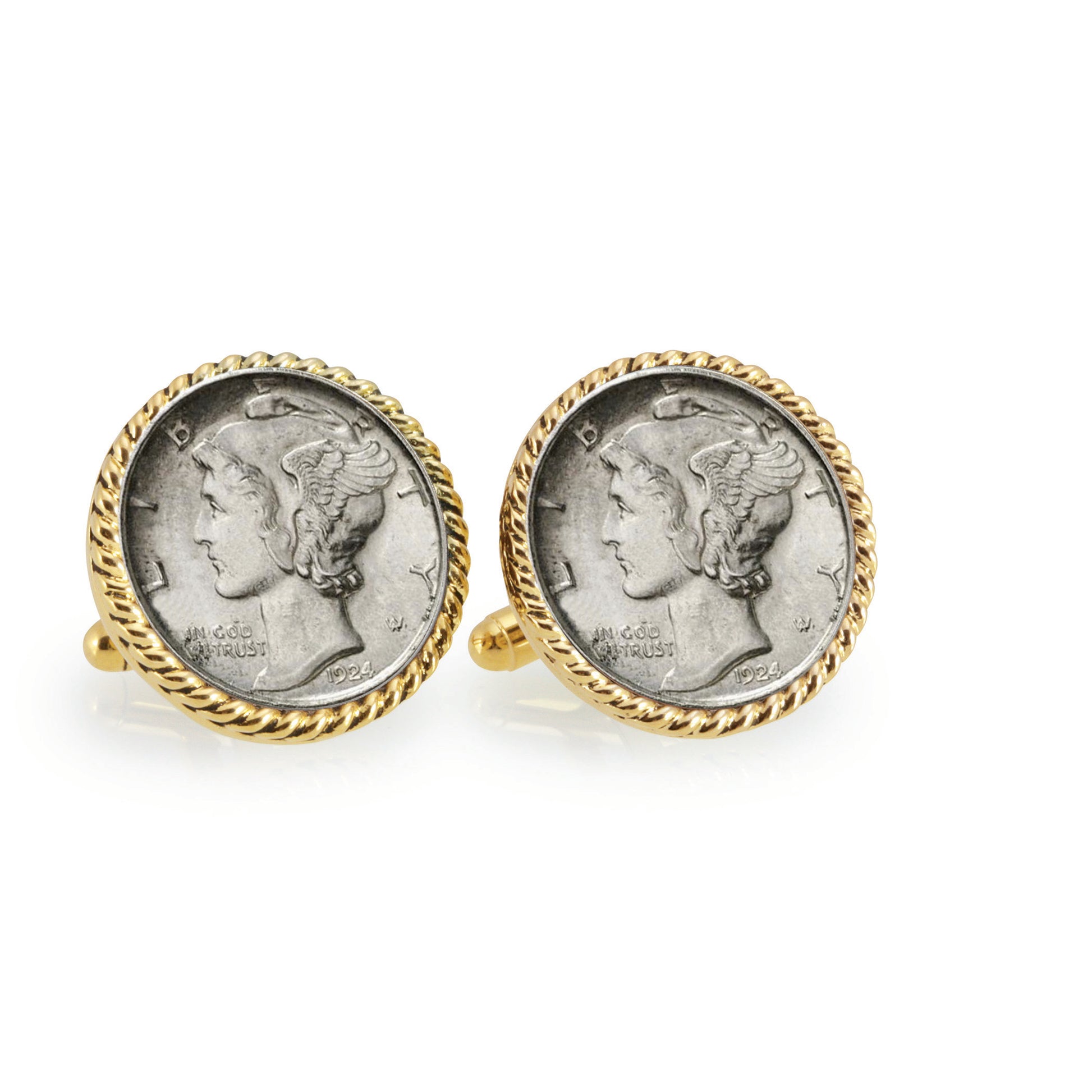 Silver Mercury Dime Goldtone Rope Bezel Coin Cuff Links