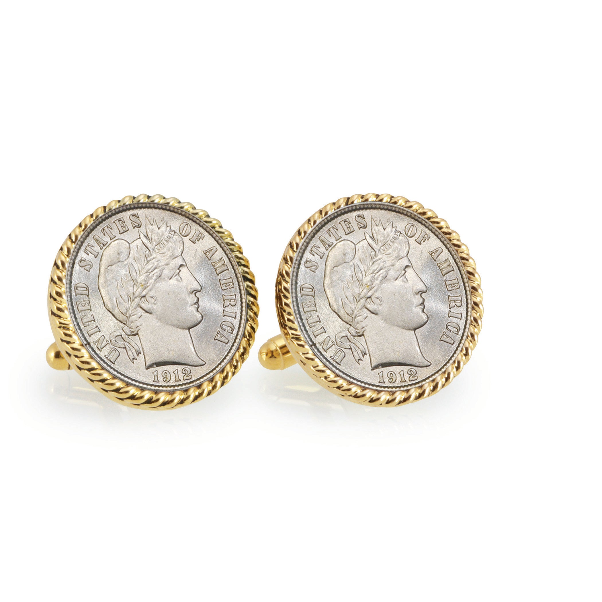 Silver Barber Dime Goldtone Rope Bezel Coin Cuff Links