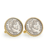 1800's Silver Barber Dime Goldtone Rope Bezel Coin Cuff Links