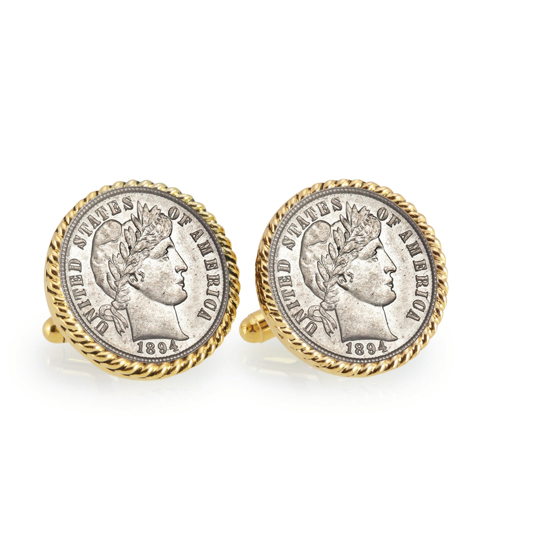 1800's Silver Barber Dime Goldtone Rope Bezel Coin Cuff Links