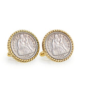 Seated Liberty Silver Dime Goldtone Rope Bezel Coin Cuff Links