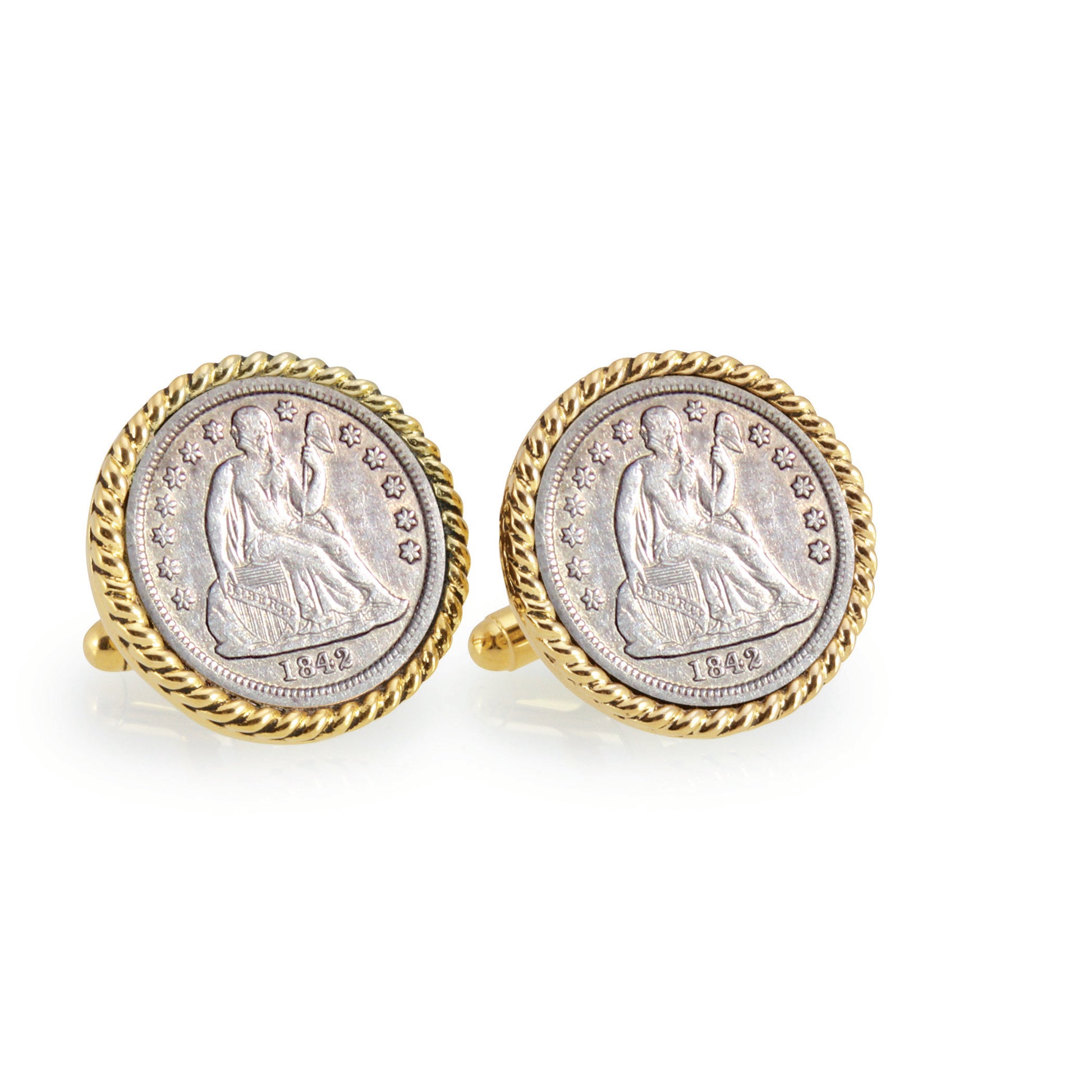 Seated Liberty Silver Dime Goldtone Rope Bezel Coin Cuff Links