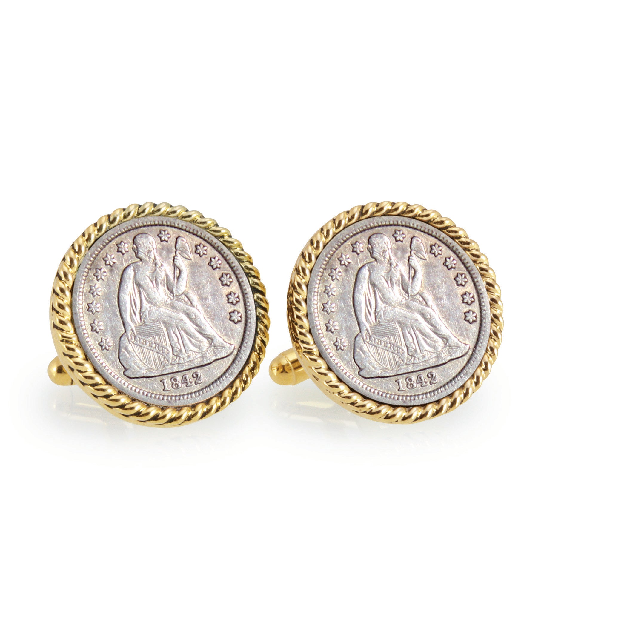 Seated Liberty Silver Dime Goldtone Rope Bezel Coin Cuff Links