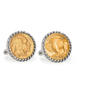 Gold-Layered Buffalo Nickel Silvertone Rope Bezel Coin Cuff Links