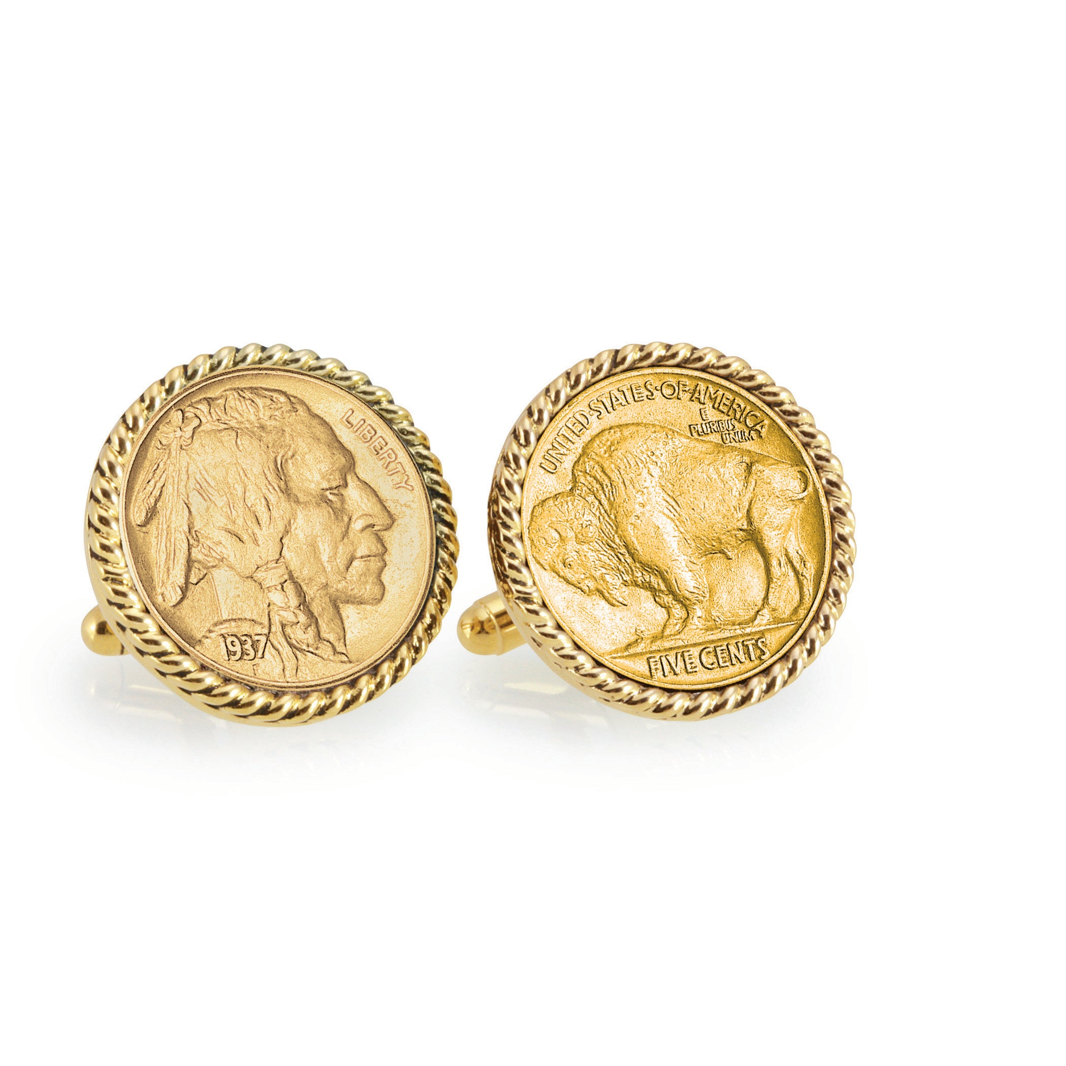 Gold-Layered Buffalo Nickel Goldtone Rope Bezel Coin Cuff Links