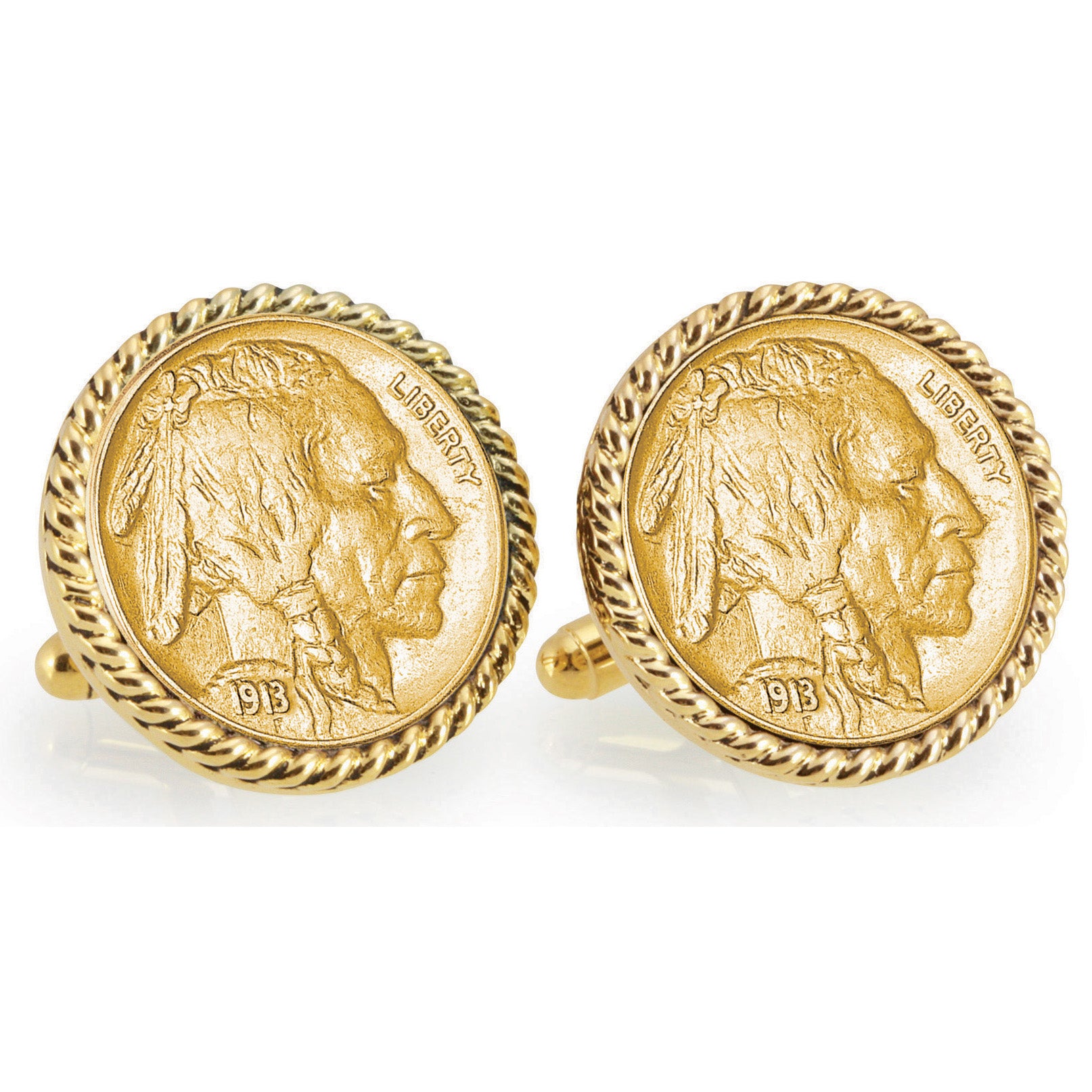 Gold-Layered 1913 First-Year-of-Issue Buffalo Nickel Goldtone Rope Bezel Coin Cuff Links