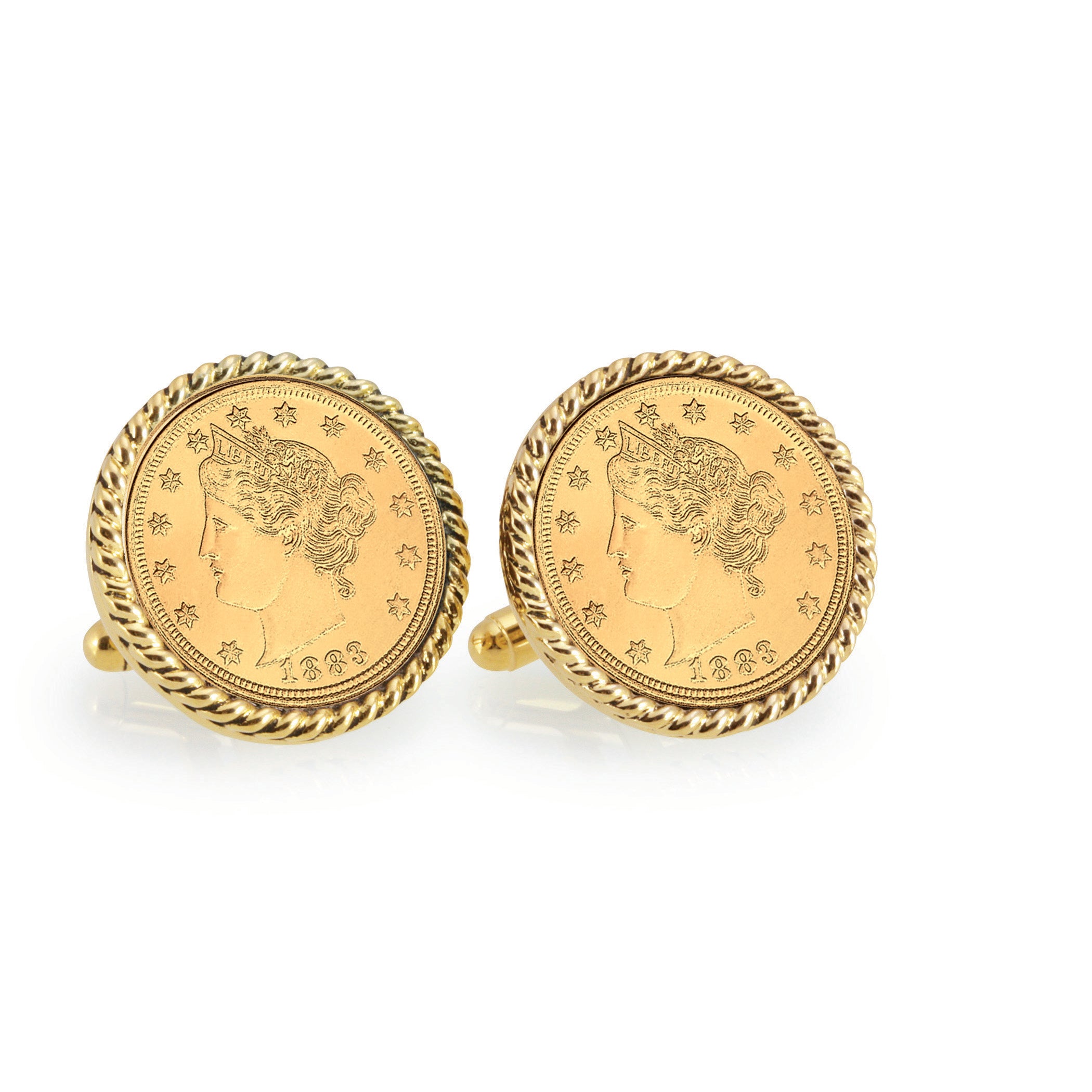 Gold-Layered Liberty Nickel Goldtone Rope Bezel Coin Cuff Links