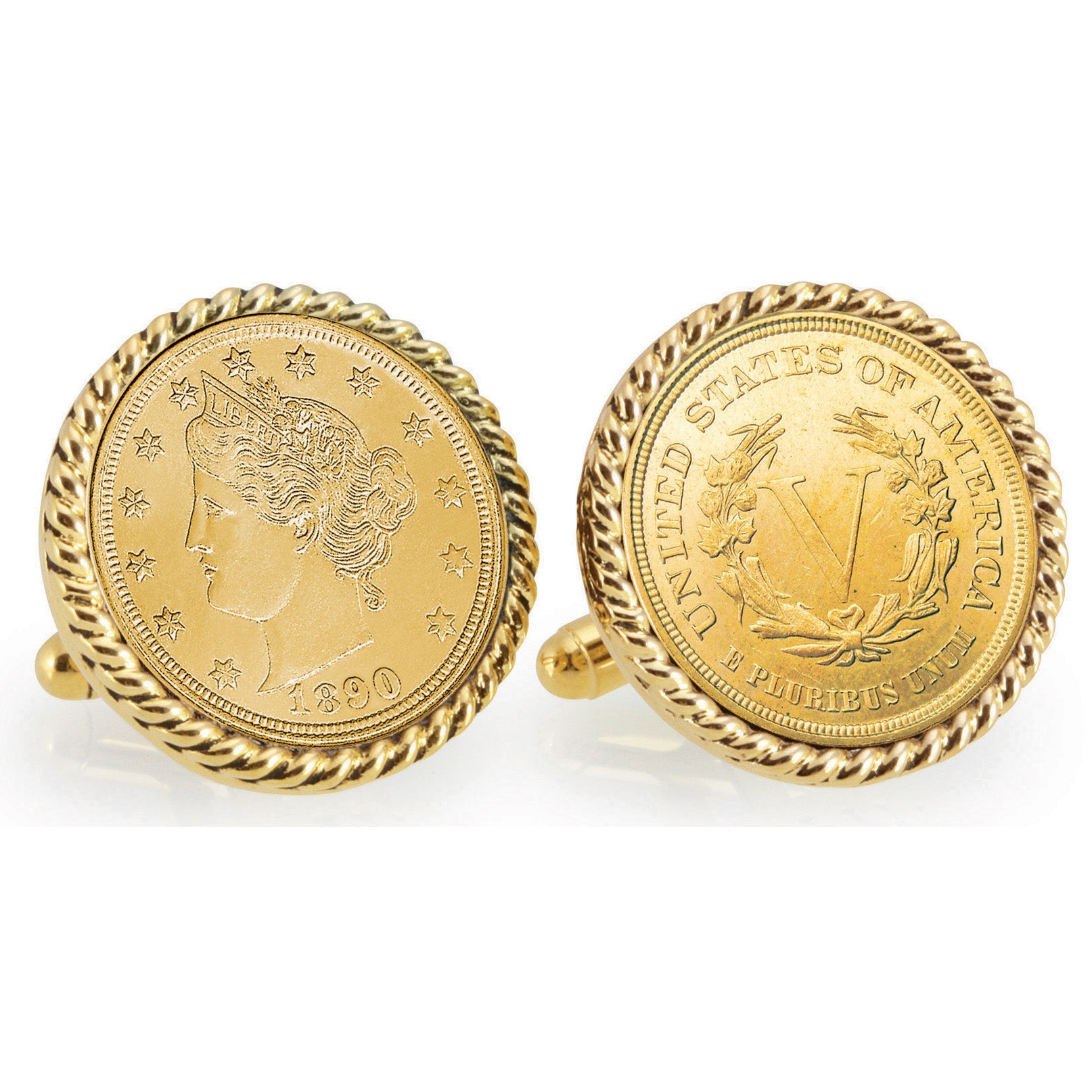 Gold-Layered 1800's Liberty Nickel Goldtone Rope Bezel Coin Cuff Links