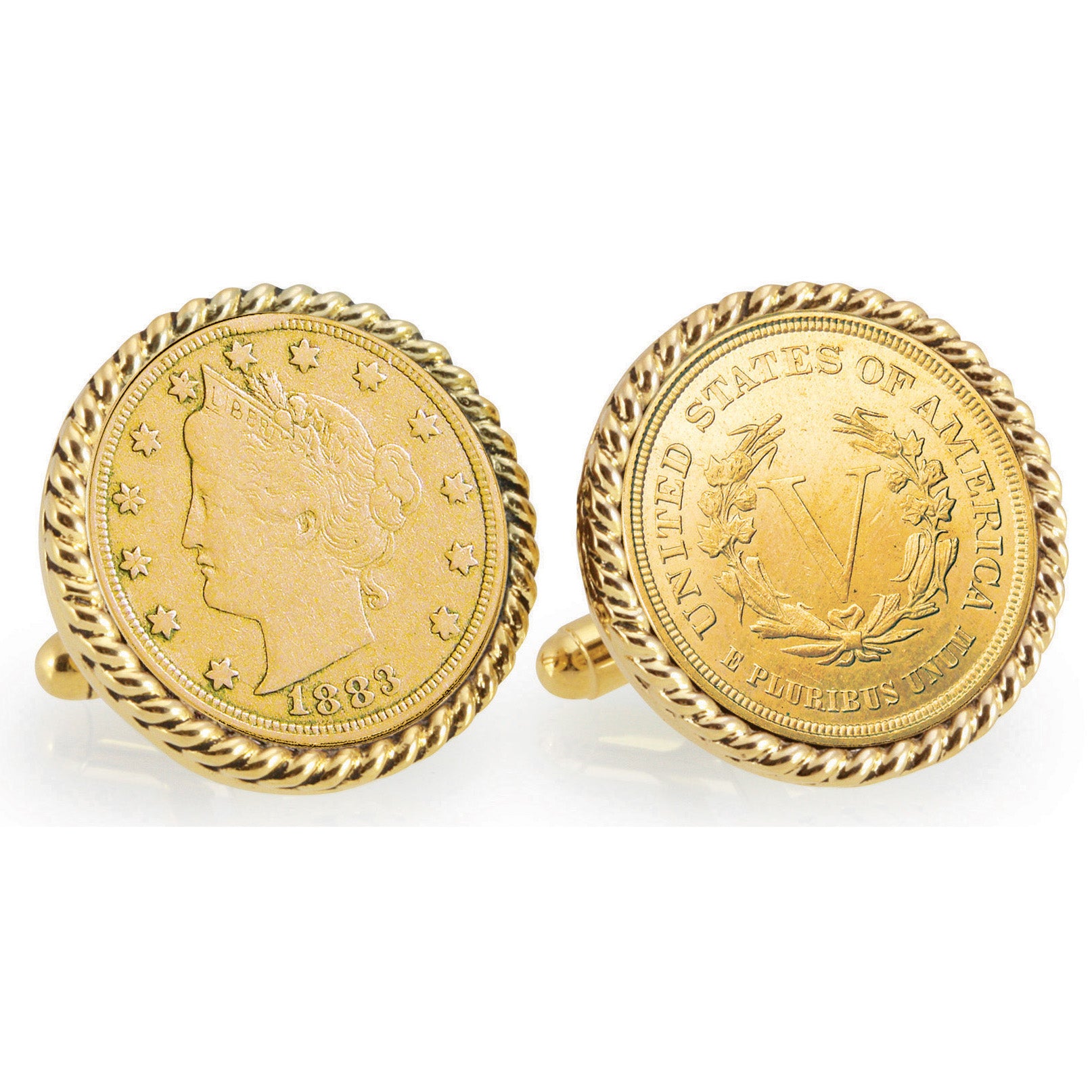 Gold-Layered 1883 First-Year-of-Issue Liberty Nickel Goldtone Rope Bezel Coin Cuff Links