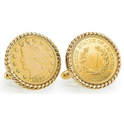 Gold-Layered 1883 First-Year-of-Issue Liberty Nickel Goldtone Rope Bezel Coin Cuff Links