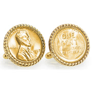 Gold-Layered Lincoln Wheat-Ear Penny Cuff Goldtone Rope Bezel Coin Cuff Links