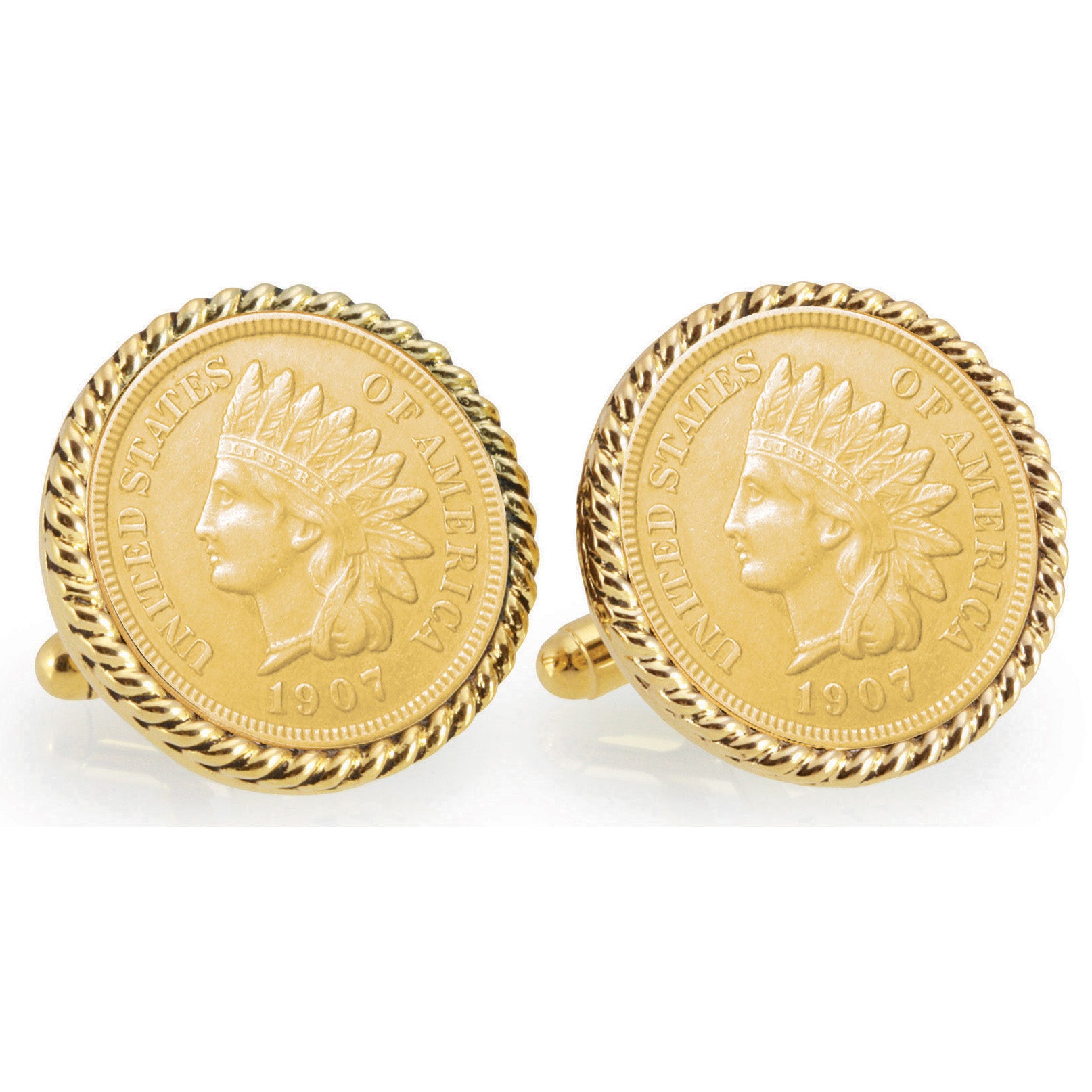 Gold-Layered Indian Head Penny Goldtone Rope Bezel Coin Cuff Links