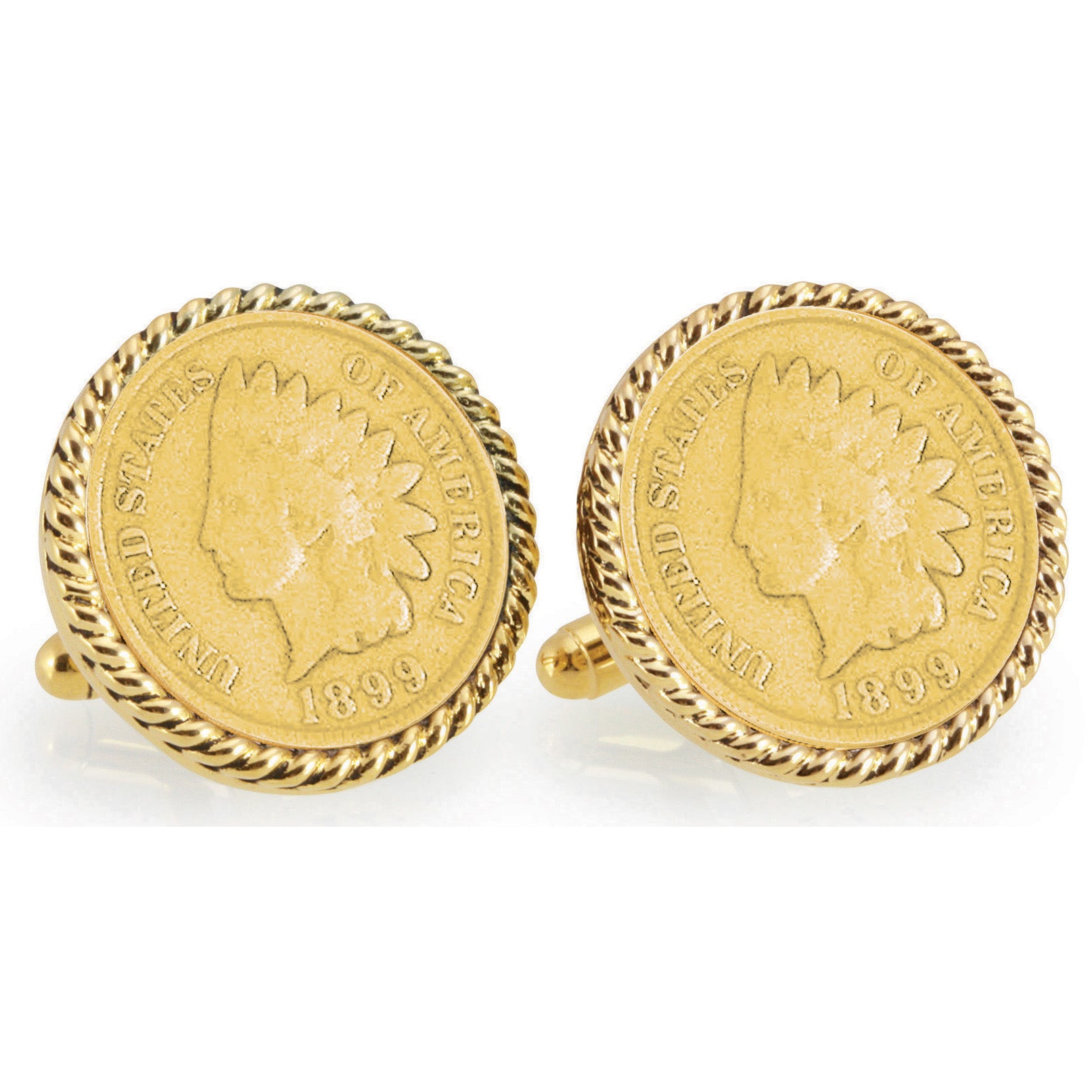 Gold-Layered 1800's Indian Head Penny Goldtone Rope Bezel Coin Cuff Links