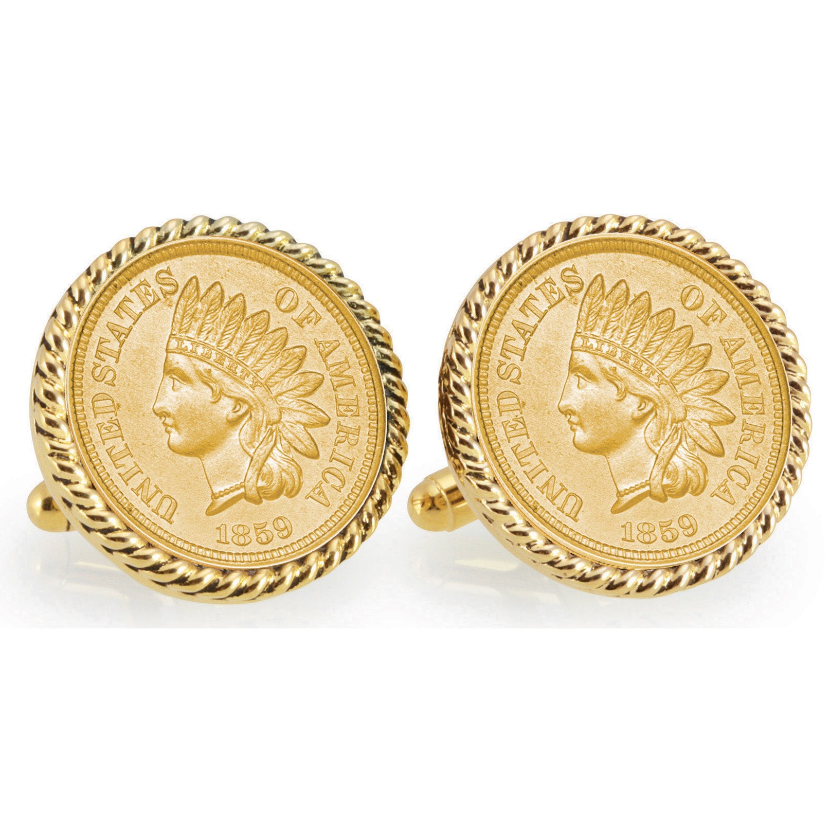 Gold-Layered 1859 First-Year-of-Issue Indian Head Penny Goldtone Rope Bezel Coin Cuff Links
