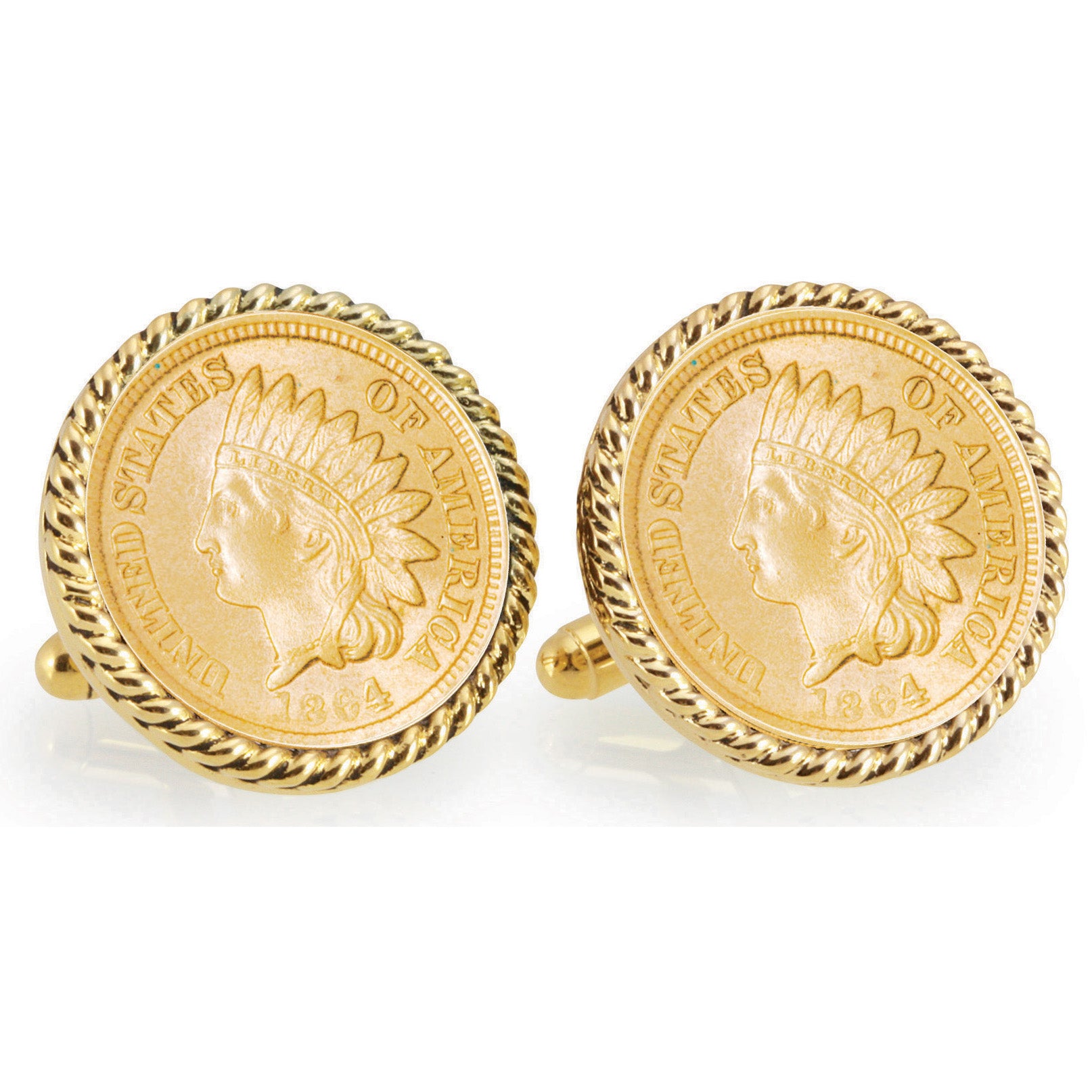 Gold-Layered Civil War Indian Head Penny Goldtone Rope Bezel Coin Cuff Links
