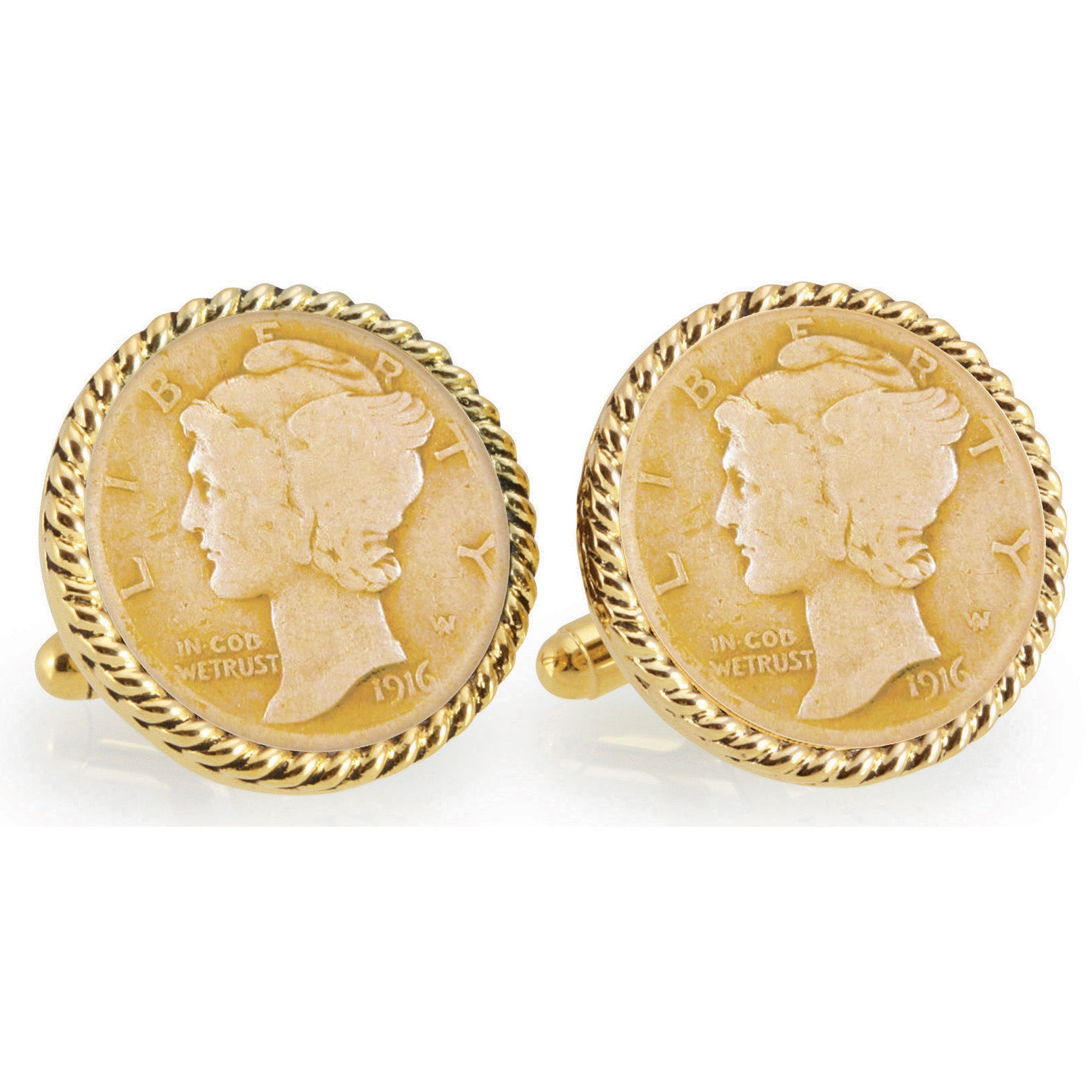Gold-Layered Silver Mercury Dime Goldtone Rope Bezel Coin Cuff Links
