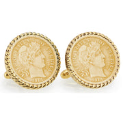 Gold-Layered Silver Barber Dime Goldtone Rope Bezel Coin Cuff Links