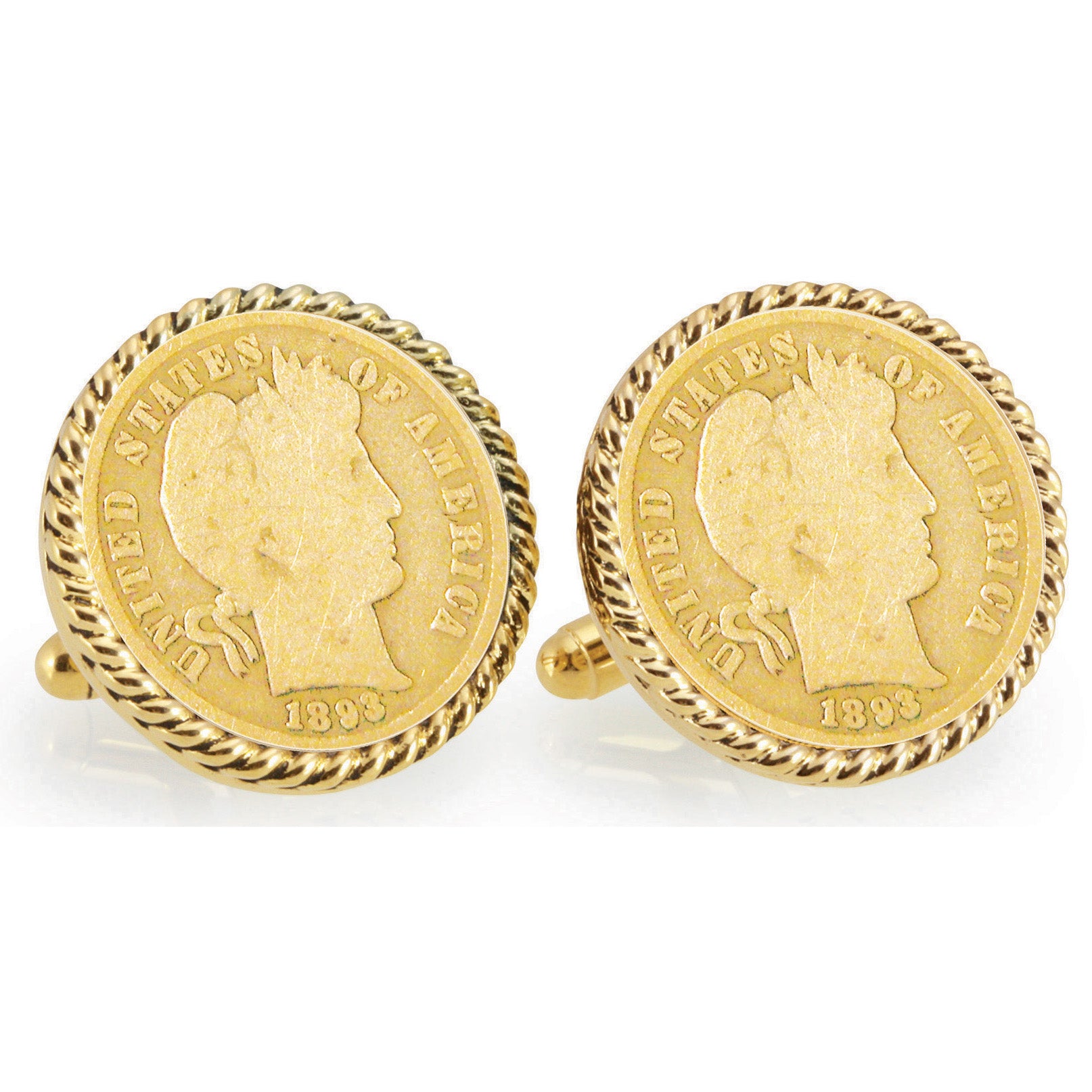 Gold-Layered 1800's Silver Barber Dime Goldtone Rope Bezel Coin Cuff Links