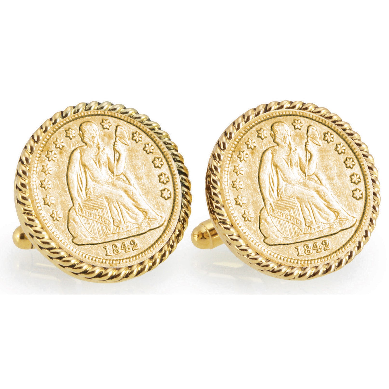 Gold-Layered Seated Liberty Silver Dime Goldtone Rope Bezel Coin Cuff Links