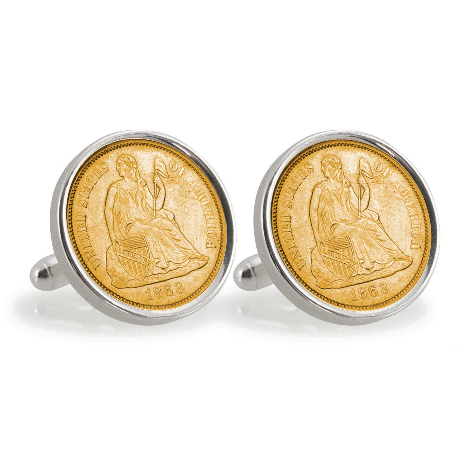Gold-Layered Civil War Seated Liberty Silver Dime Sterling Silver Coin Cuff Links