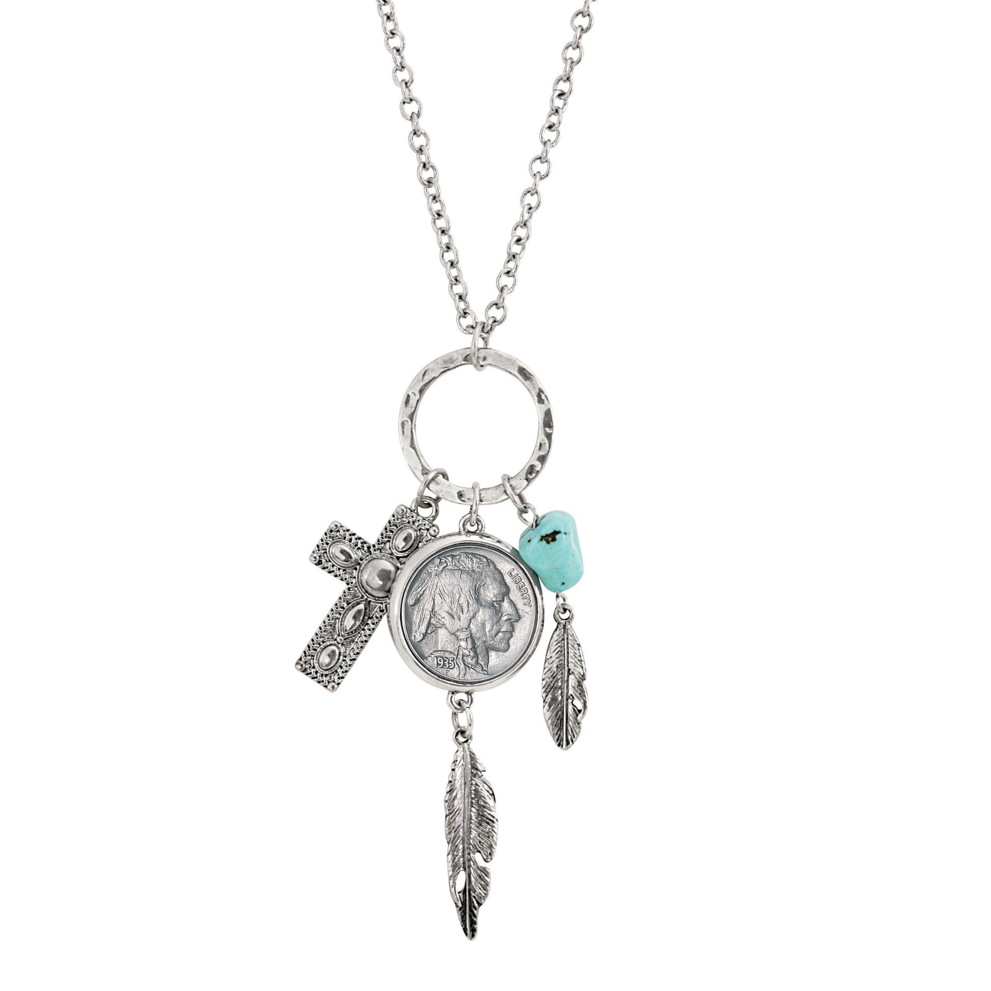 Buffalo Nickel Silvertone Cross and Feather Coin Pendant