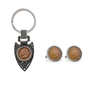 Indian Head Penny Silver Tone Rope Coin Cuff Links and Arrow Head Keychain Boxed Gift Set