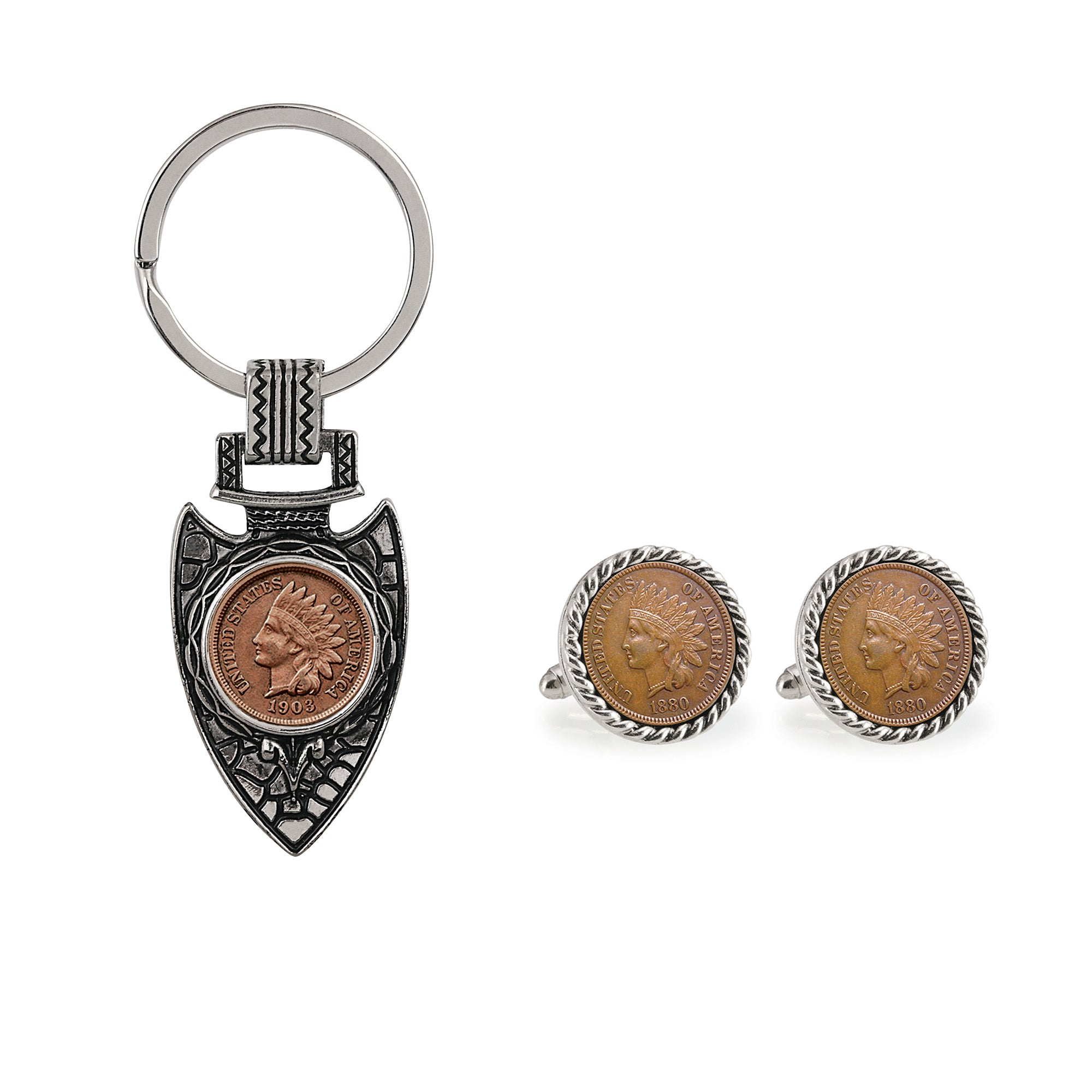 Indian Head Penny Silver Tone Rope Coin Cuff Links and Arrow Head Keychain Boxed Gift Set