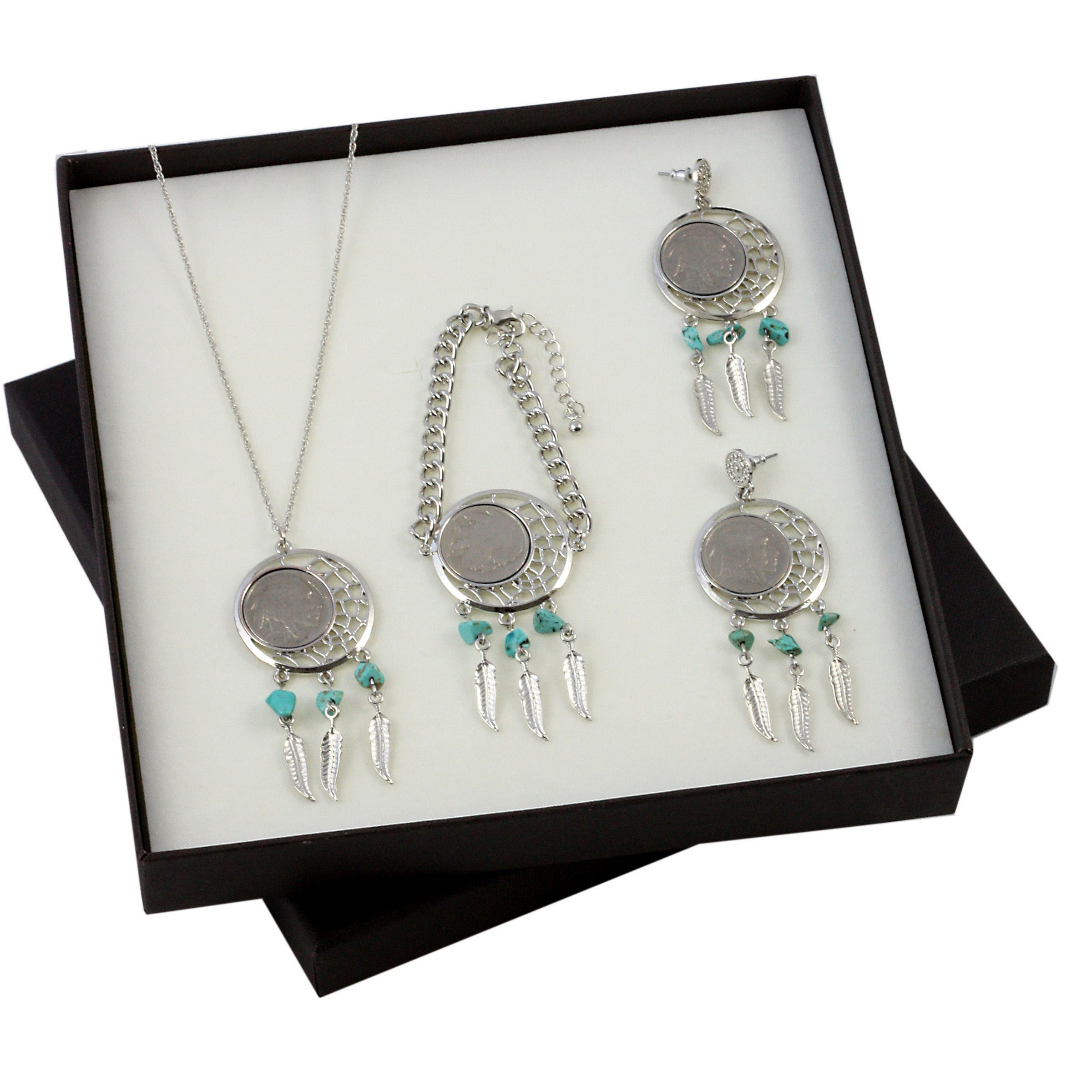 Buffalo Nickel Dreamcatcher Necklace, Coin Bracelet and Coin Earrings Boxed Gift Set