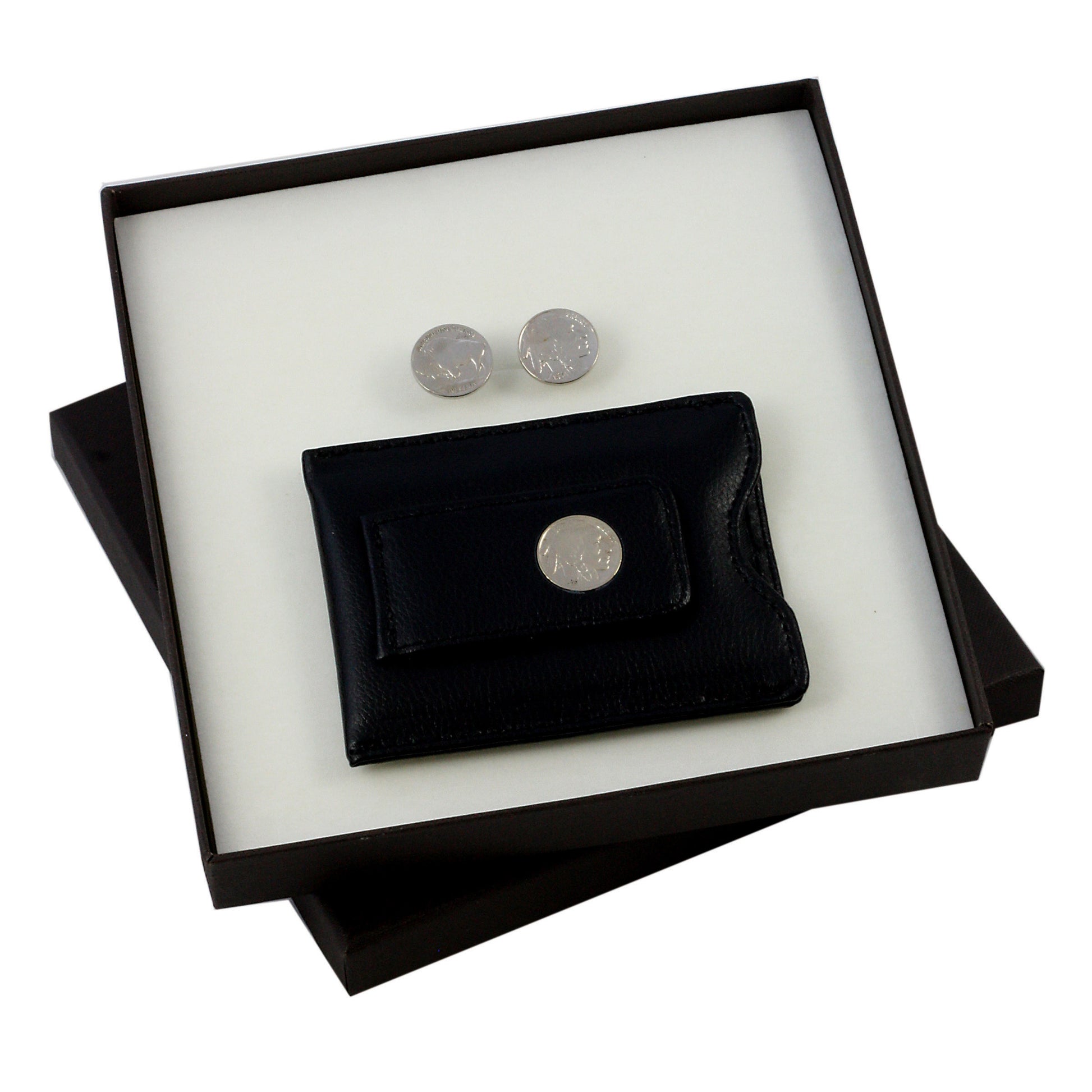 Buffalo Nickel Coin Cuff Links and Black Leather Wallet Style Coin Money Clip Boxed Gift Set