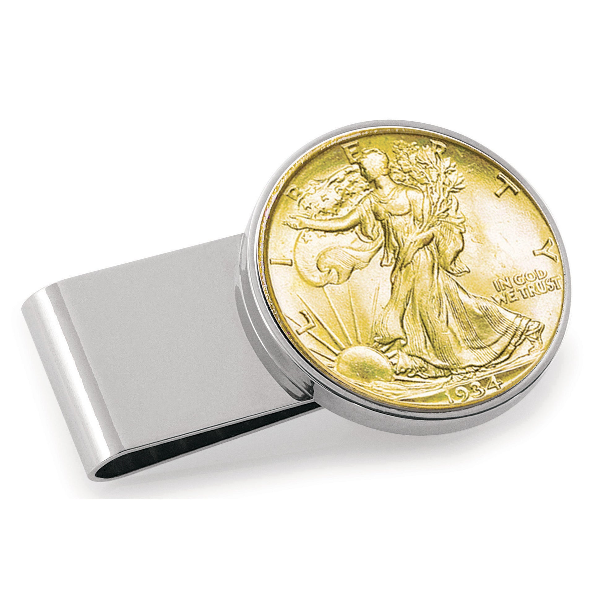 Gold-Layered Silver Walking Liberty Half Dollar Stainless Steel Silvertone Coin Money Clip