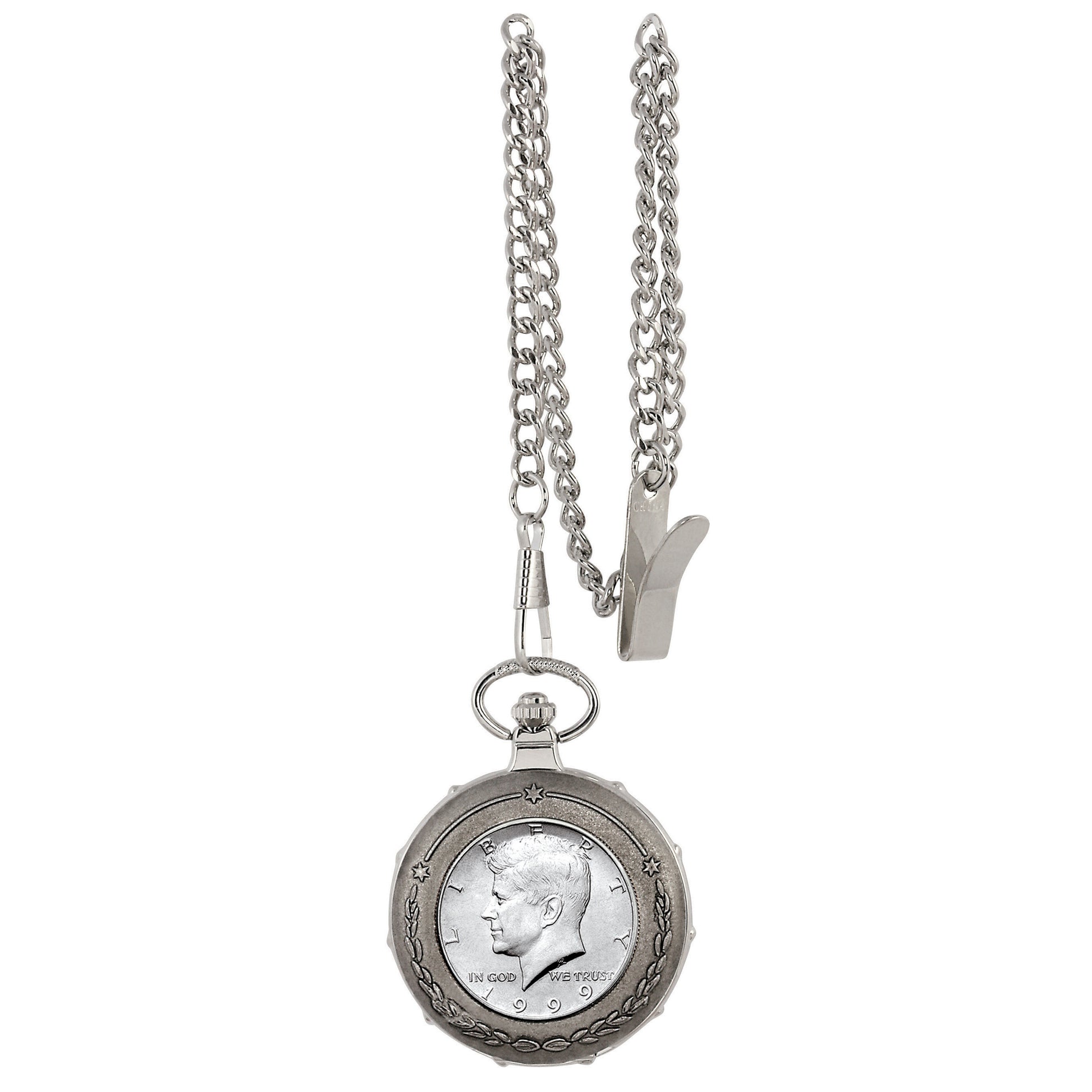 JFK Half Dollar Silvertone Train Coin Pocket Watch