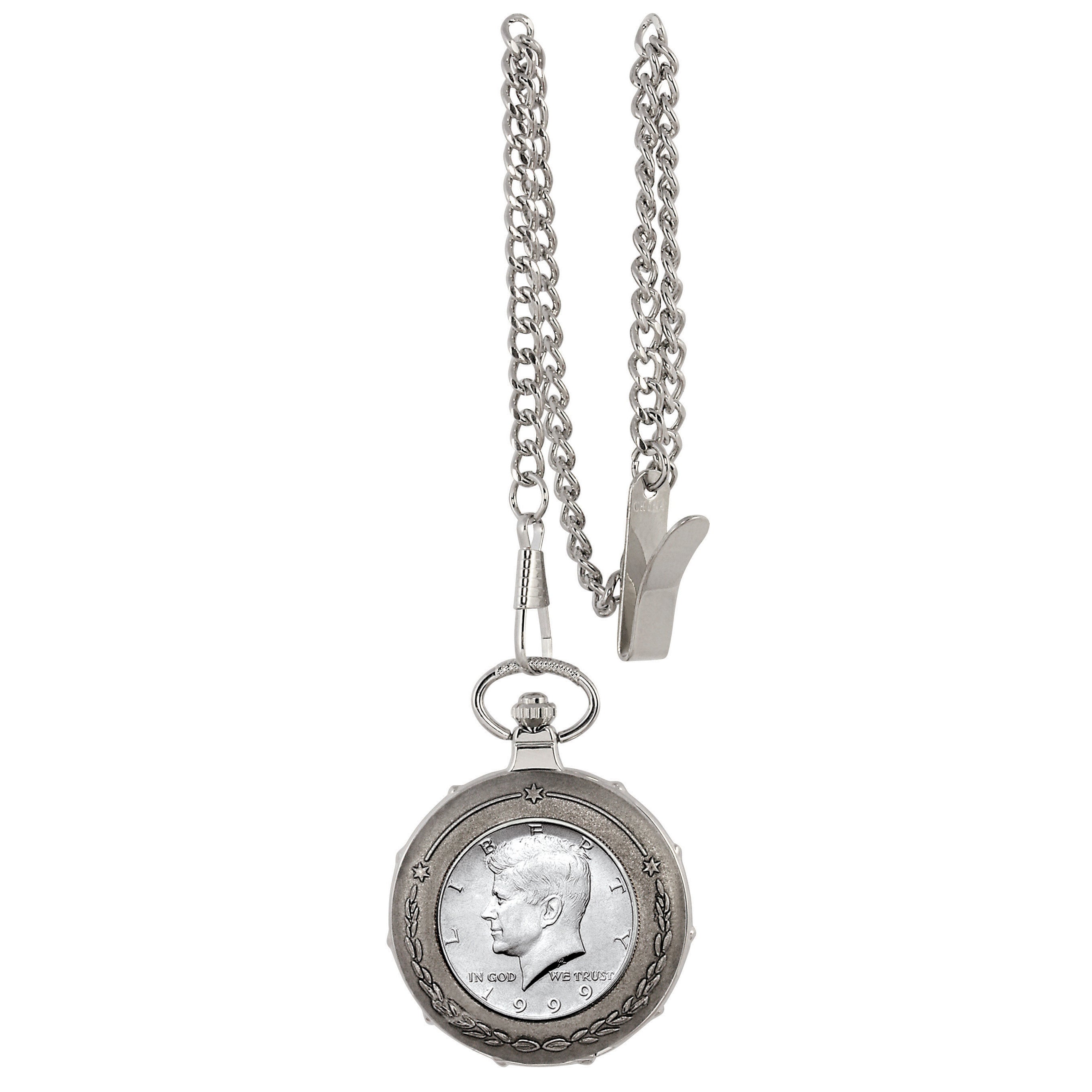 JFK Half Dollar Silvertone Train Coin Pocket Watch