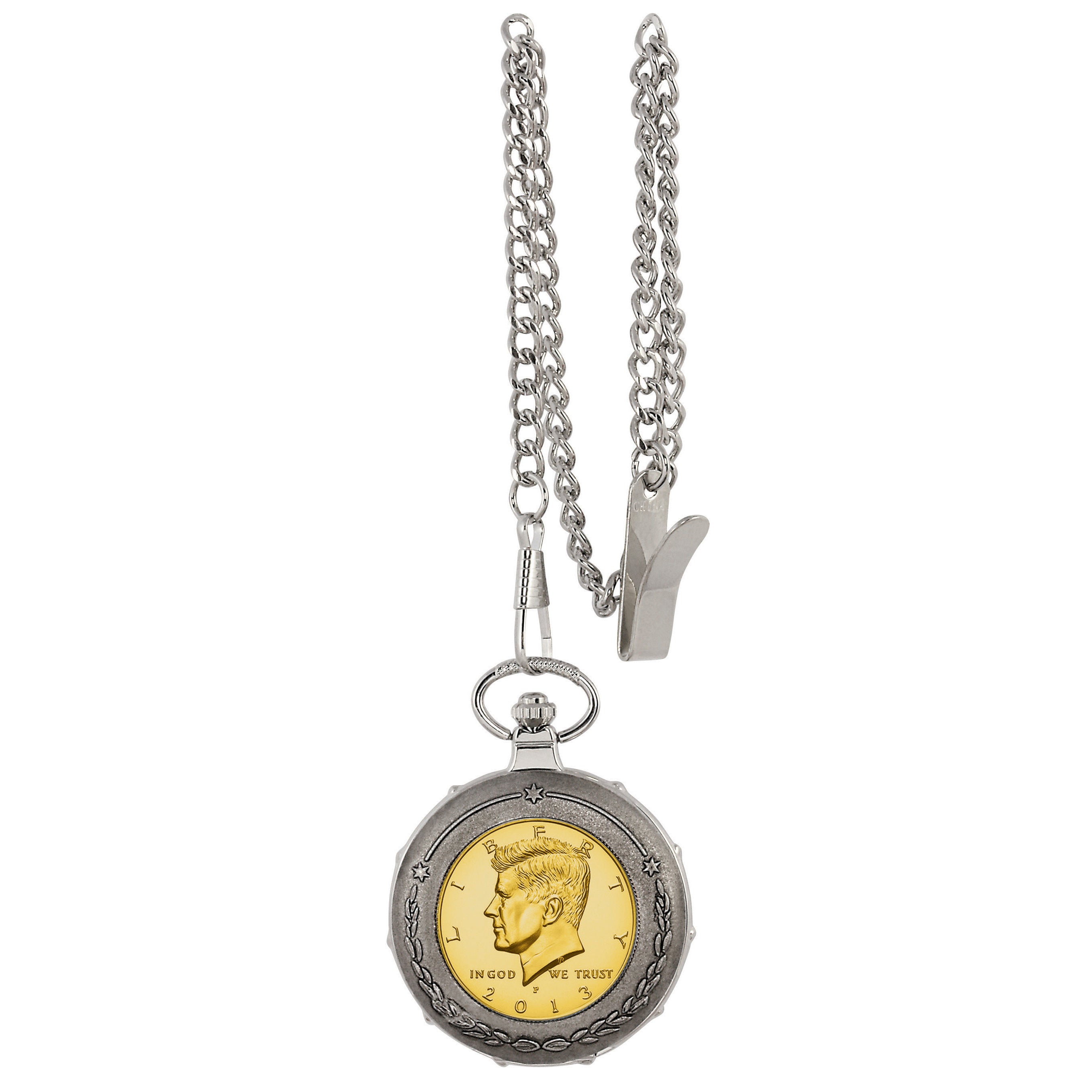 Gold-Layered JFK Half Dollar Silvertone Train Coin Pocket Watch