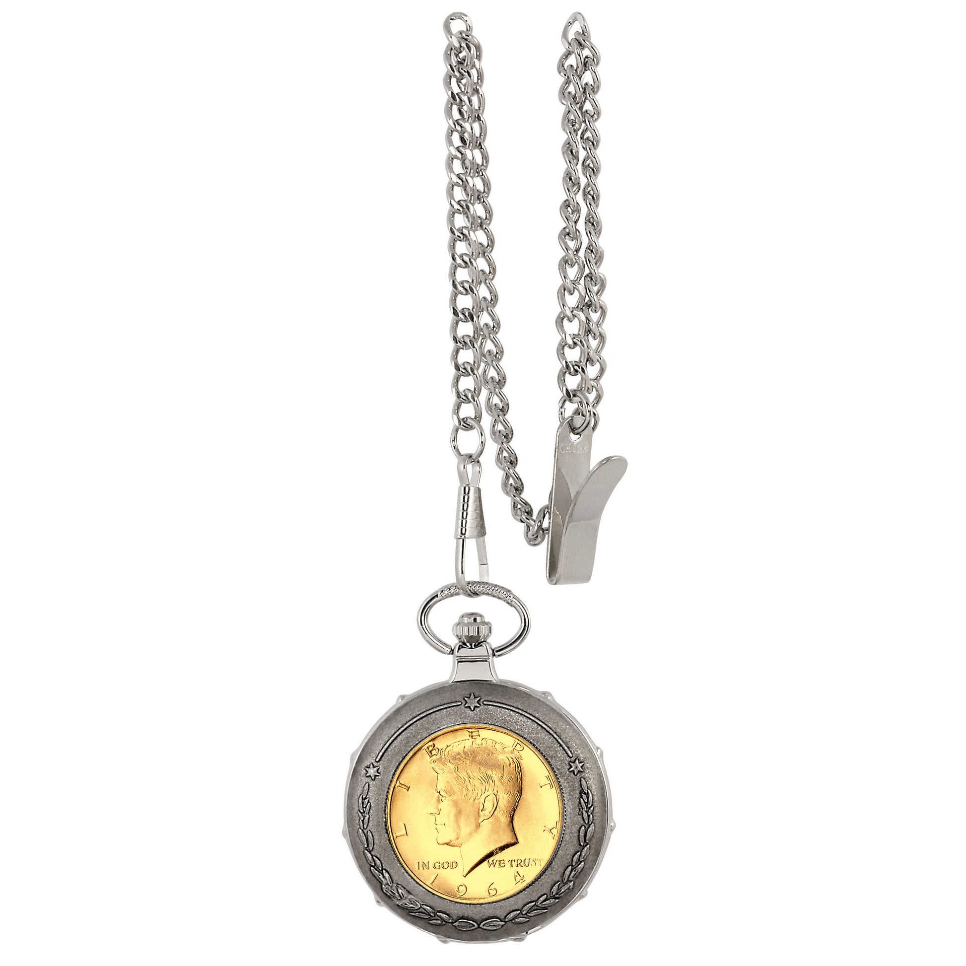Gold-Layered JFK 1964 First Year of Issue Half Dollar Silvertone Train Coin Pocket Watch