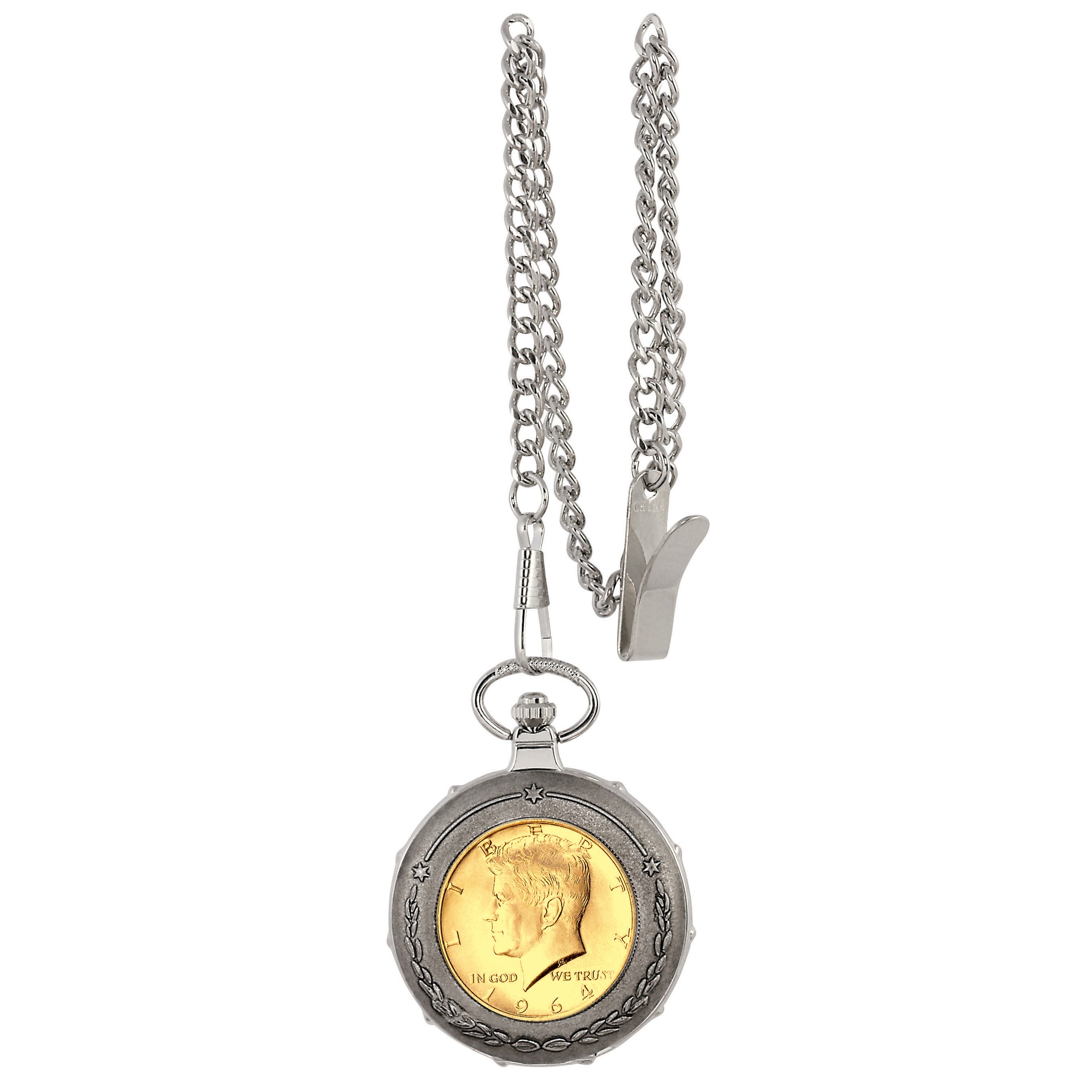 Gold-Layered JFK 1964 First Year of Issue Half Dollar Silvertone Train Coin Pocket Watch