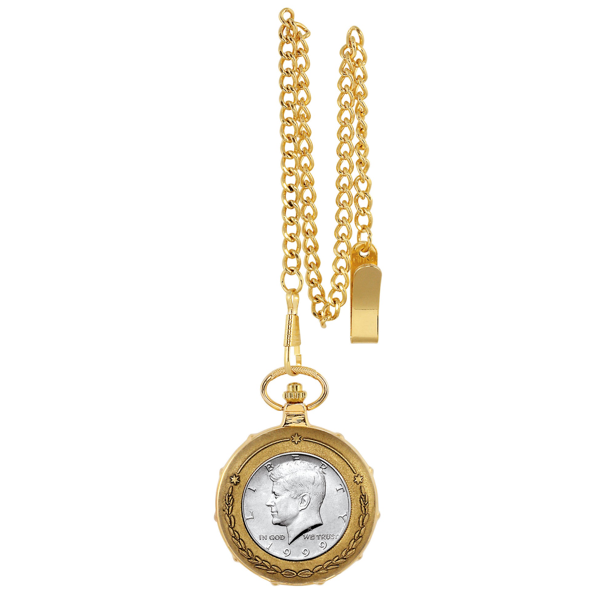 JFK Half Dollar Goldtone Train Coin Pocket Watch with Skeleton Movement