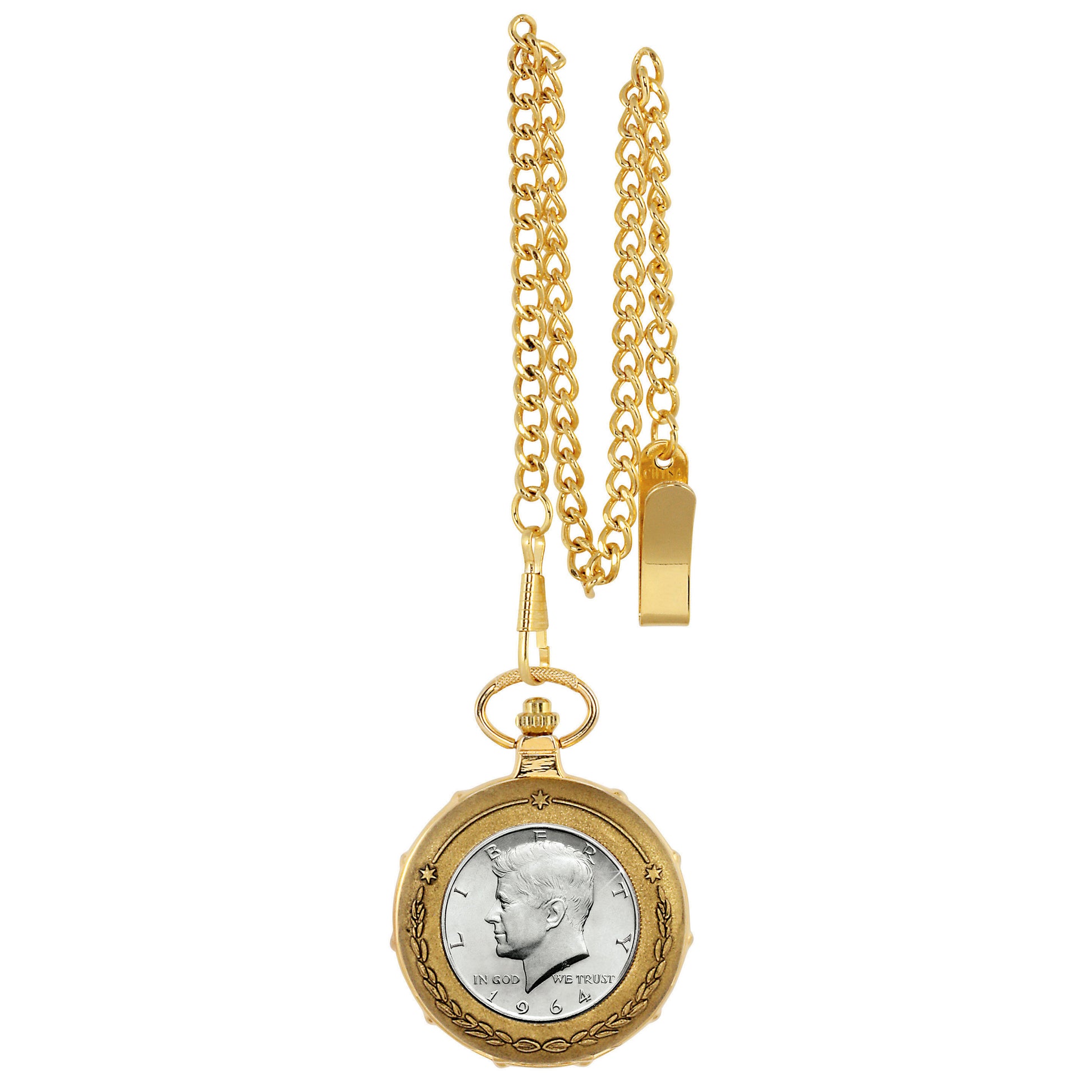 JFK 1964 First Year of Issue Half Dollar Goldtone Train Coin Pocket Watch with Skeleton Movement