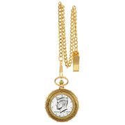 Proof JFK Half Dollar Goldtone Train Coin Pocket Watch with Skeleton Movement