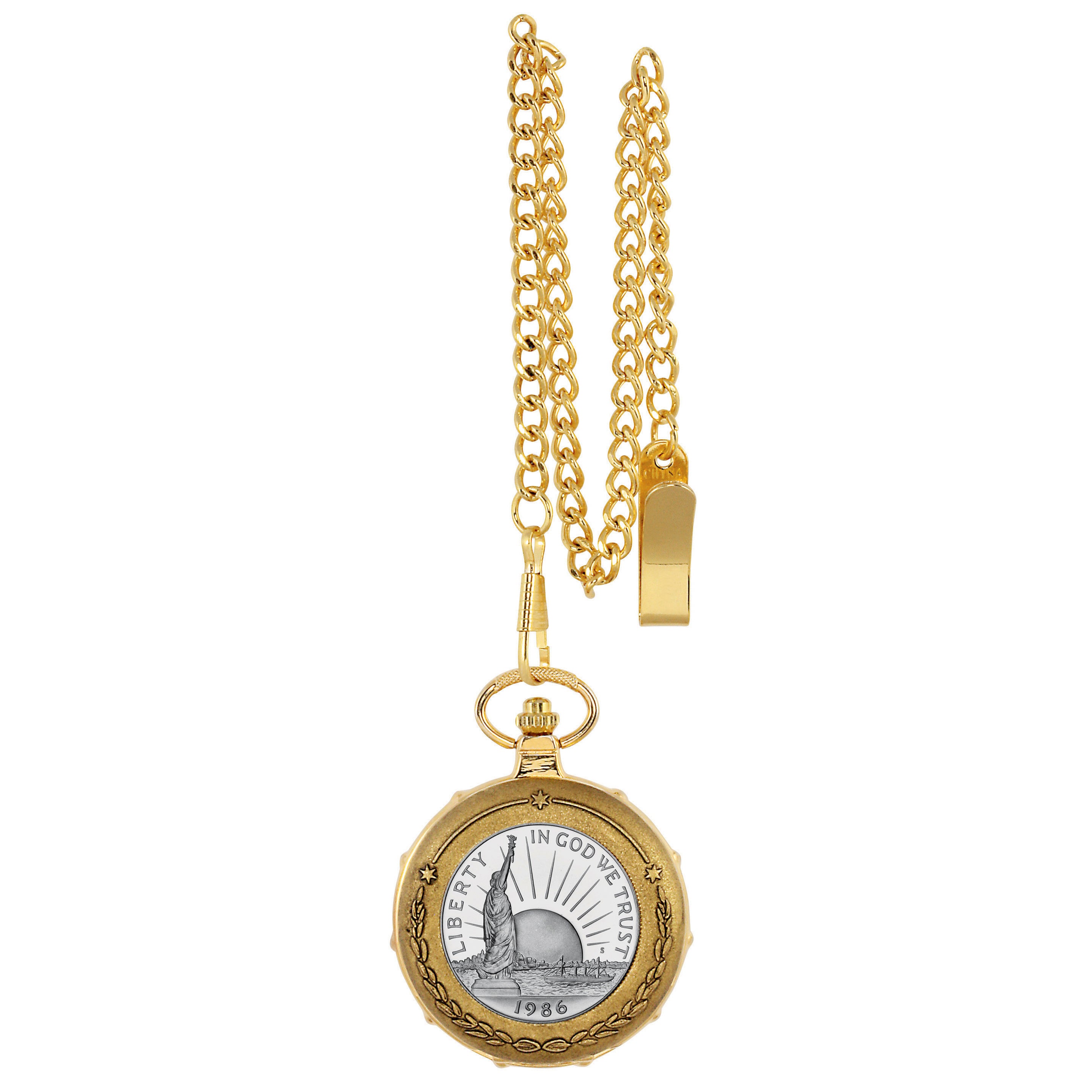 Statue of Liberty Commemorative Half Dollar Goldtone Train Coin Pocket Watch with Skeleton Movement