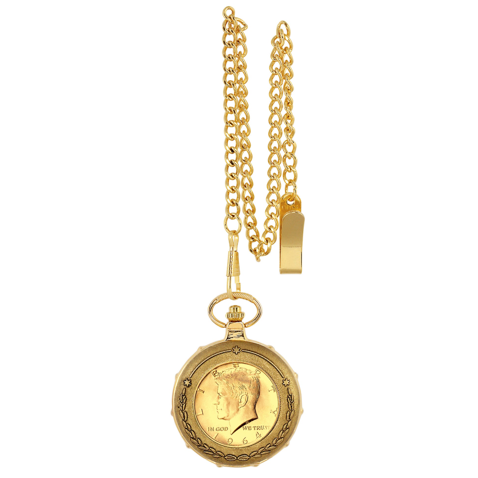 Gold-Layered JFK 1964 First Year of Issue Half Dollar Goldtone Train Coin Pocket Watch with Skeleton Movement