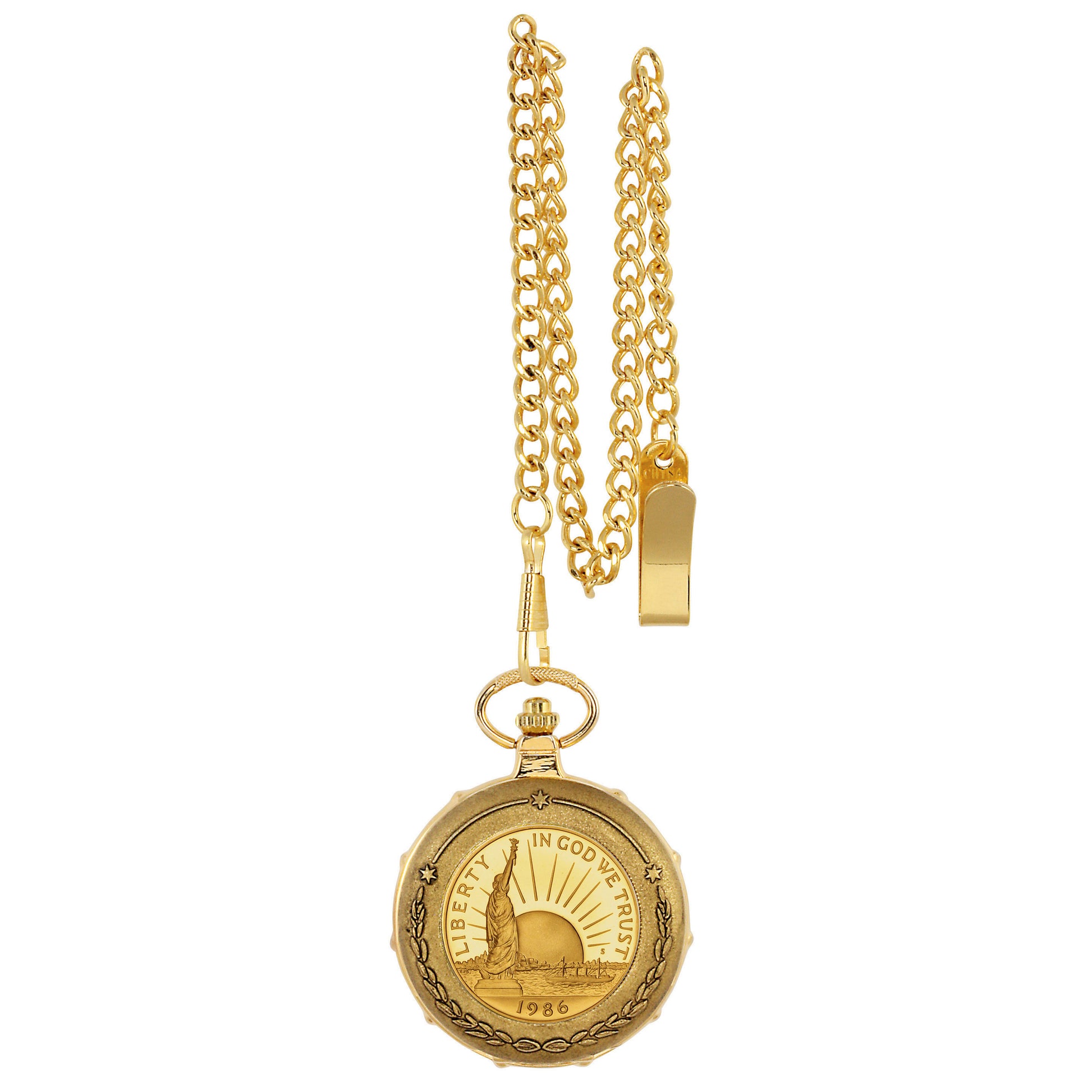 Gold-Layered Statue of Liberty Commemorative Half Dollar Goldtone Train Coin Pocket Watch with Skeleton Movement