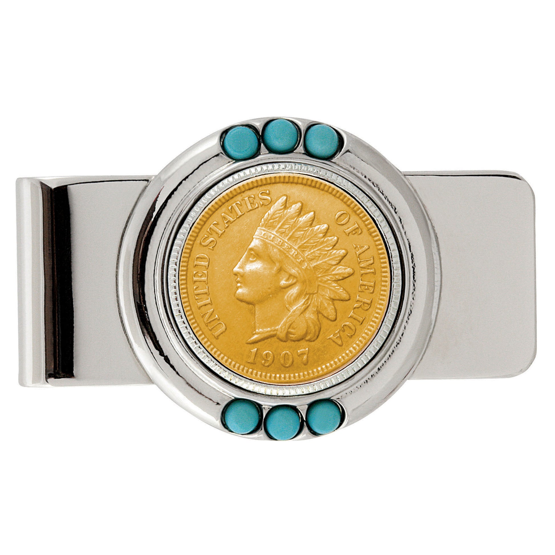 Gold-Layered Indian Penny Turquoise Coin Money Clip